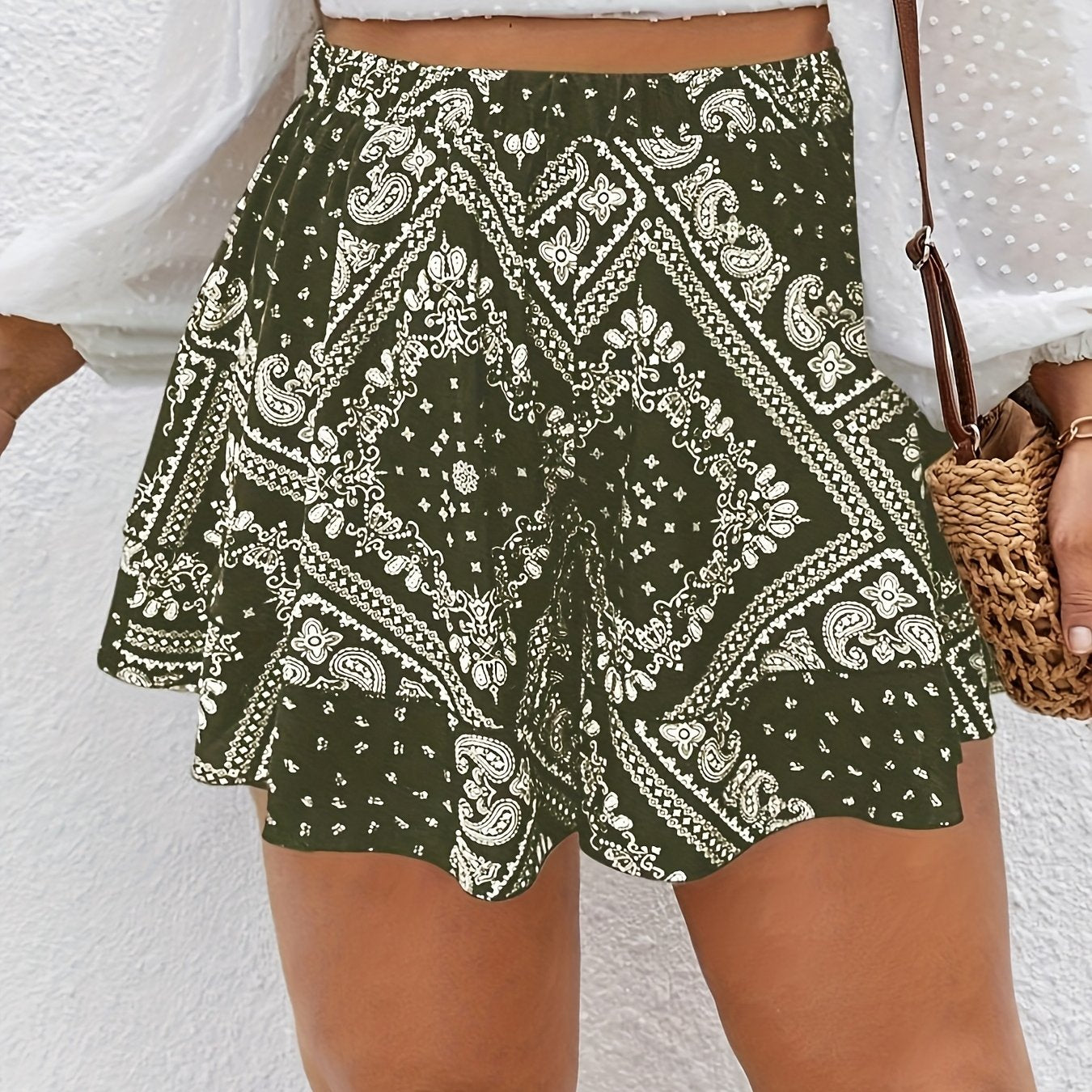 Шорты женские больших размеров с пейсли-принтом и широкими штанинами, стиль для отпуска, всесезонные