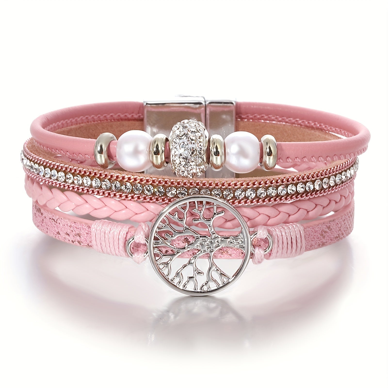 Multi-Layer Faux Leather Wristband with Tree of Life Charm and Rhinestones