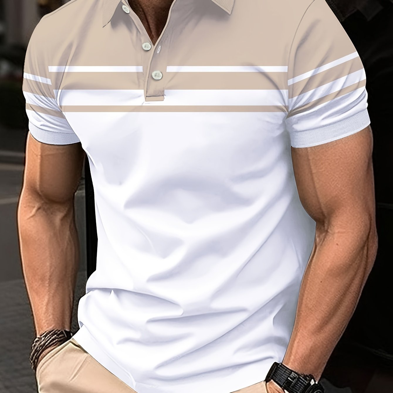 Erkaklar uchun Rangli Blokirovka Printli Qisqa Yengli Yaka T-shirti, Tasodifiy Sport Yuzi