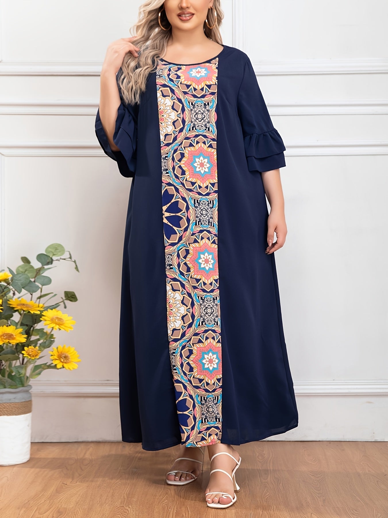 Plus o'lcham ayollar uchun erkin fitli krepe kiyi bilan yorqin bosma, barcha mavsumlar uchun qulaylik