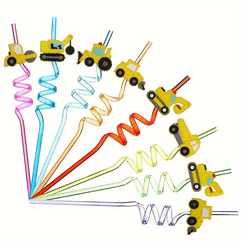 Set of 8 Construction Vehicle Party Straws Plastic for Birthdays and Events