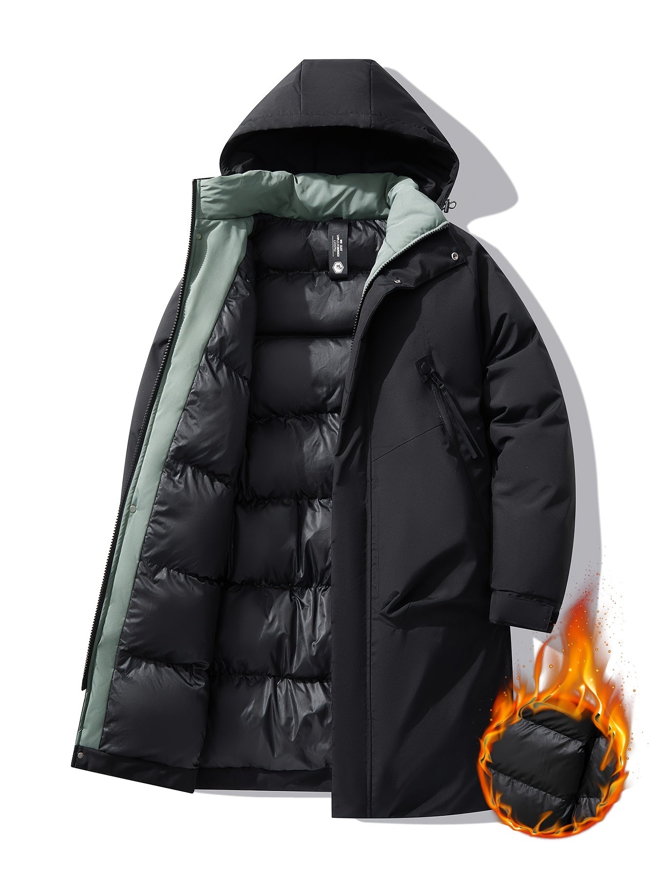 Erkaklar uchun katta o'lchamdagi qishki kapüşonli kurtka - zip-up kapüşonli qulay palto, qora va yashil aksentlar bilan, mashinada yuviladigan polyester, zamonaviy va silliq dizayn, sovuq ob-havo uchun mos.