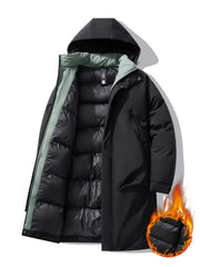 Erkaklar uchun katta o'lchamdagi qishki kapüşonli kurtka - zip-up kapüşonli qulay palto, qora va yashil aksentlar bilan, mashinada yuviladigan polyester, zamonaviy va silliq dizayn, sovuq ob-havo uchun mos.