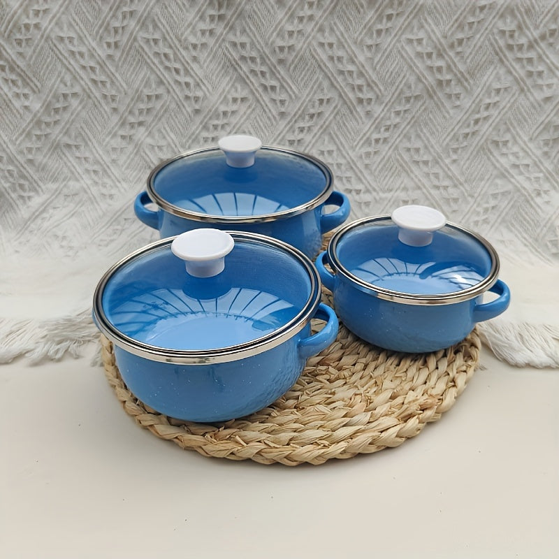 Enamel Cookware Set Includes 3 Mini Pots 12/14/16cm Solid Color Speckled Design