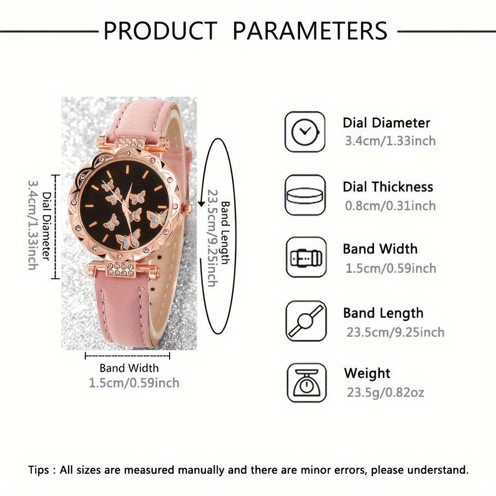 Women's Quartz Watch and Butterfly Jewelry Set with Round Dial and Faux Leather Strap