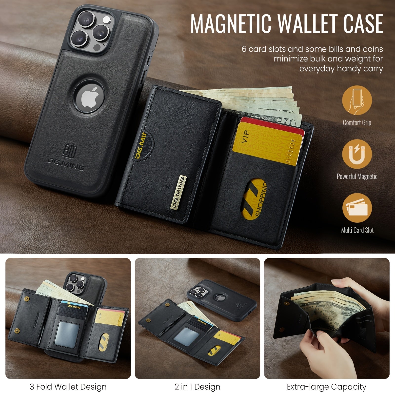 Magnetic Faux Leather Wallet Case for iPhone with Card Holder RFID Protection Wireless Charging Stand