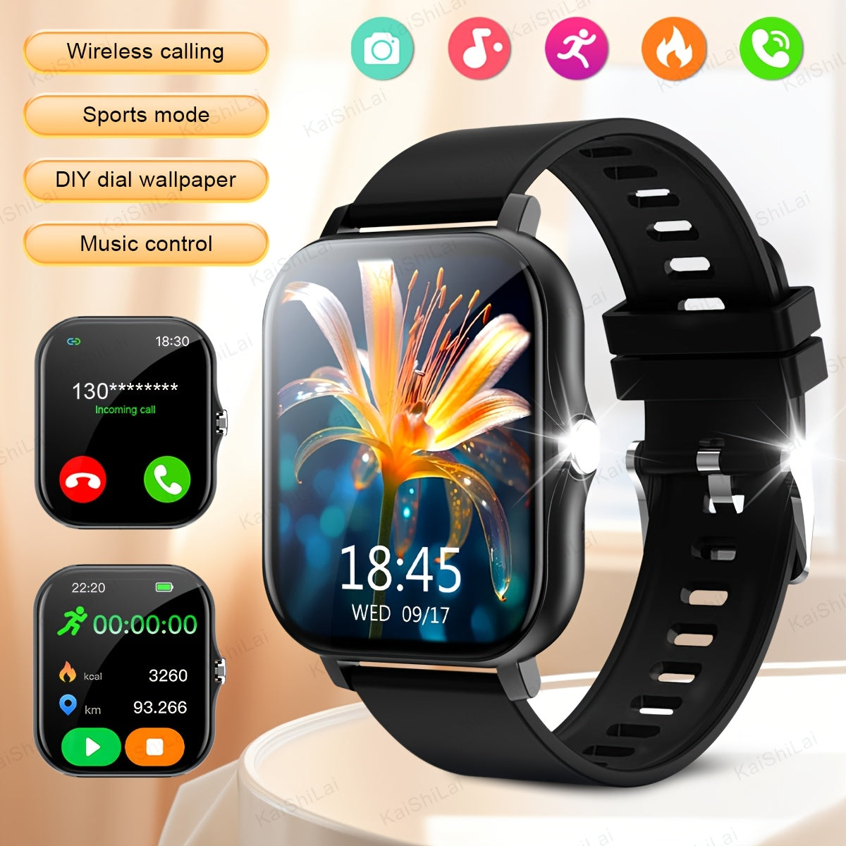 4.65cm HD Full Screen Touch Smartwatch with Call, Heart Rate, Blood Pressure, Step and Distance Tracking for iPhone and Android