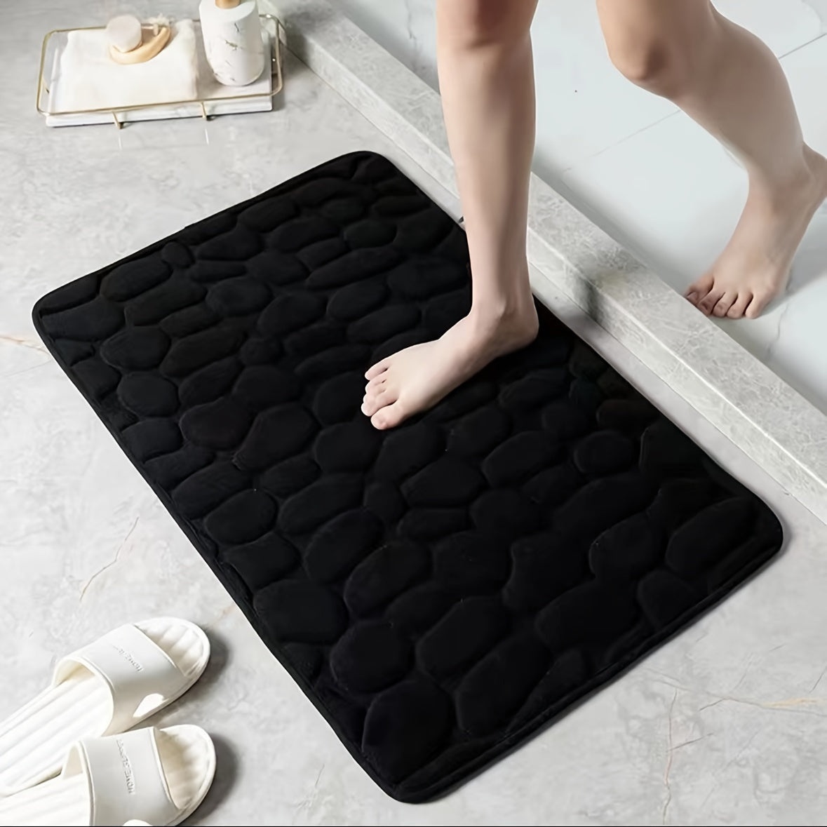 Pebble Pattern Non-Slip Absorbent Polyester Foot Mat for Bathroom Kitchen Bedroom