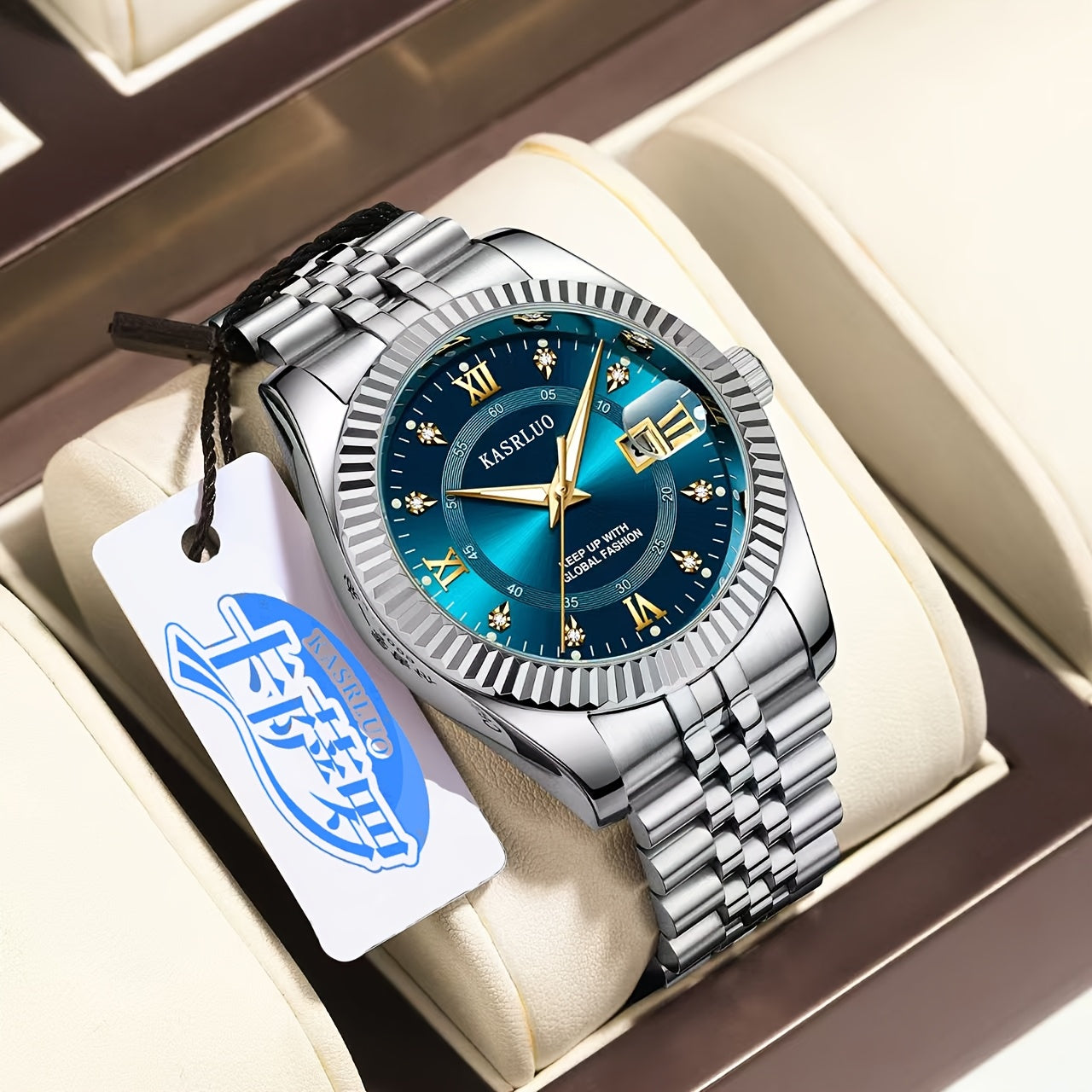 Men's Quartz Watch with Luminous Date Display Gold-Tone Stainless Steel Band Rhinestone Detailing Business Style