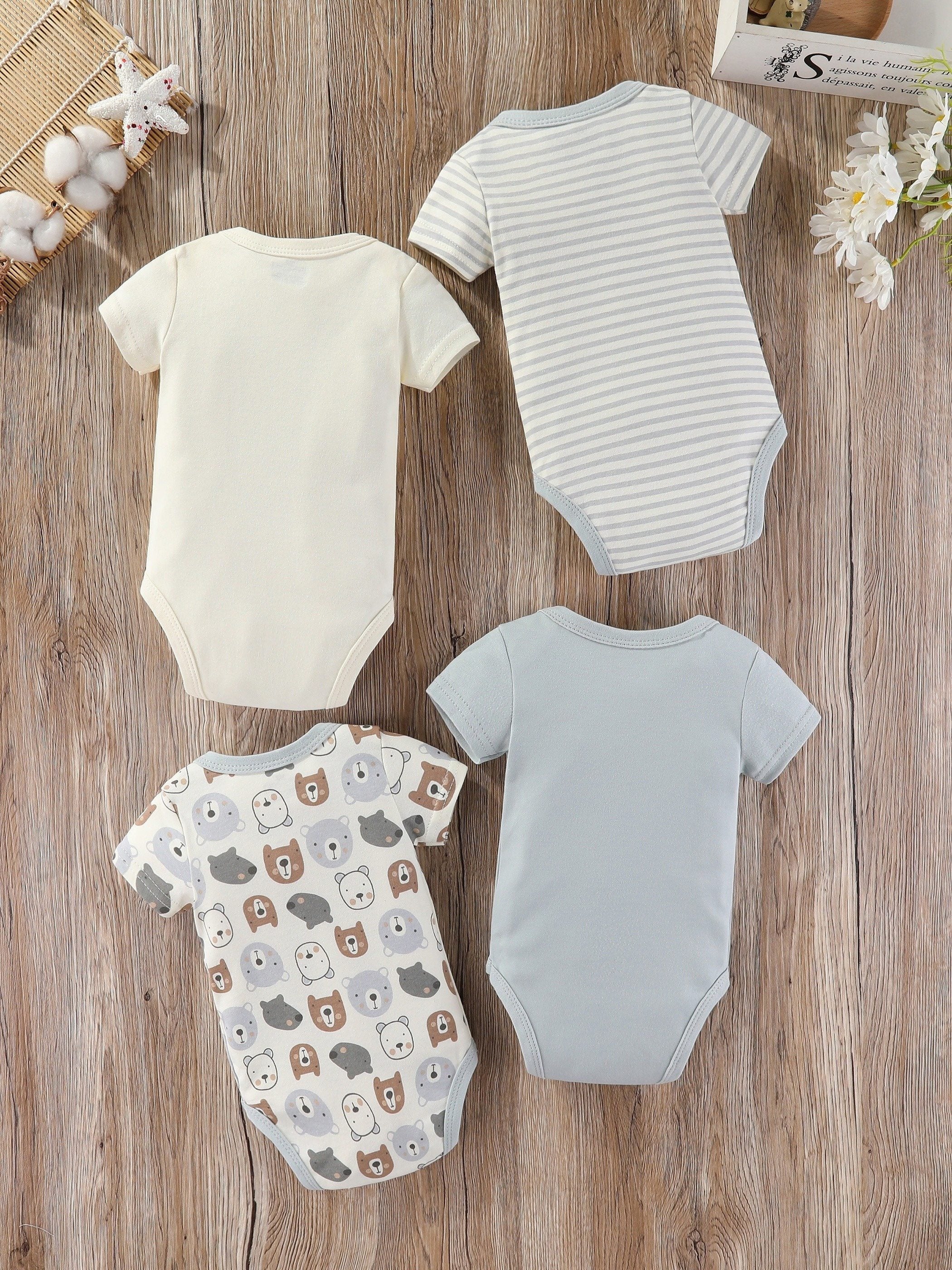 Baby Boy Short Sleeve Cotton Jumpsuit with Bear Embroidery and Stripes for Summer