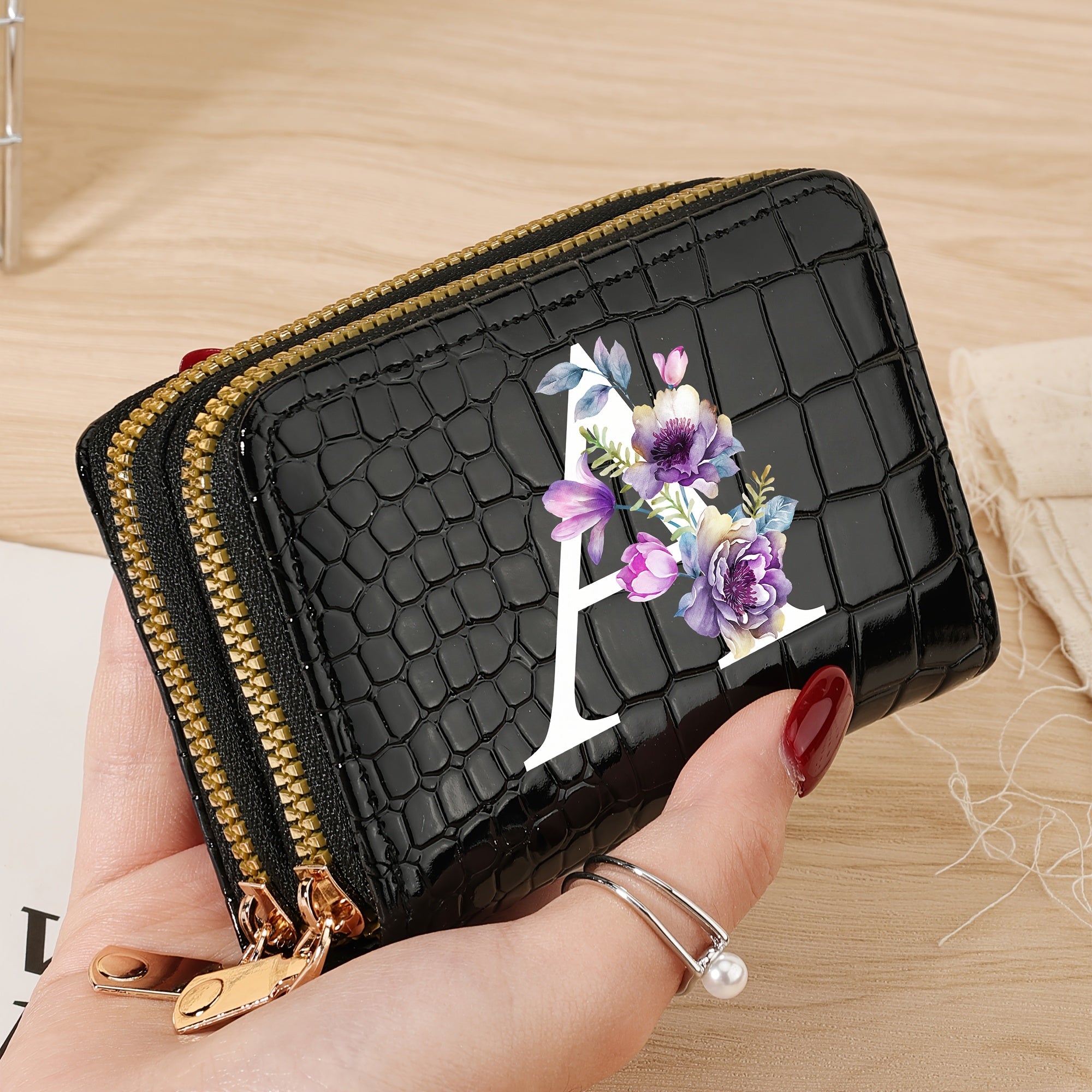 Minimalist Floral Credit Card Holder with Zipper Coin Purse for School and Back-to-School Supplies