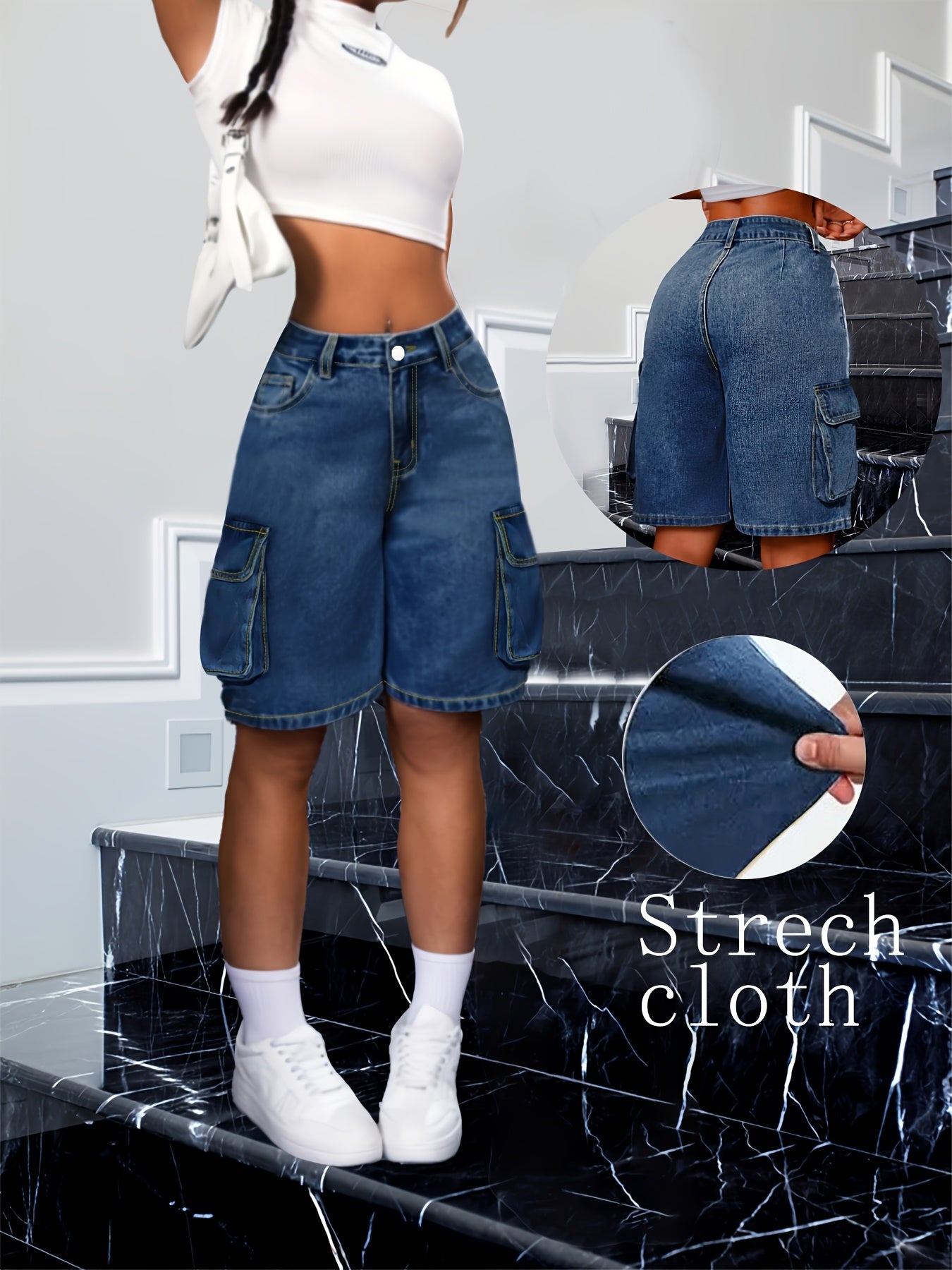 Shorts de mezclilla para mujer casuales hasta la rodilla estilo retro Bermuda