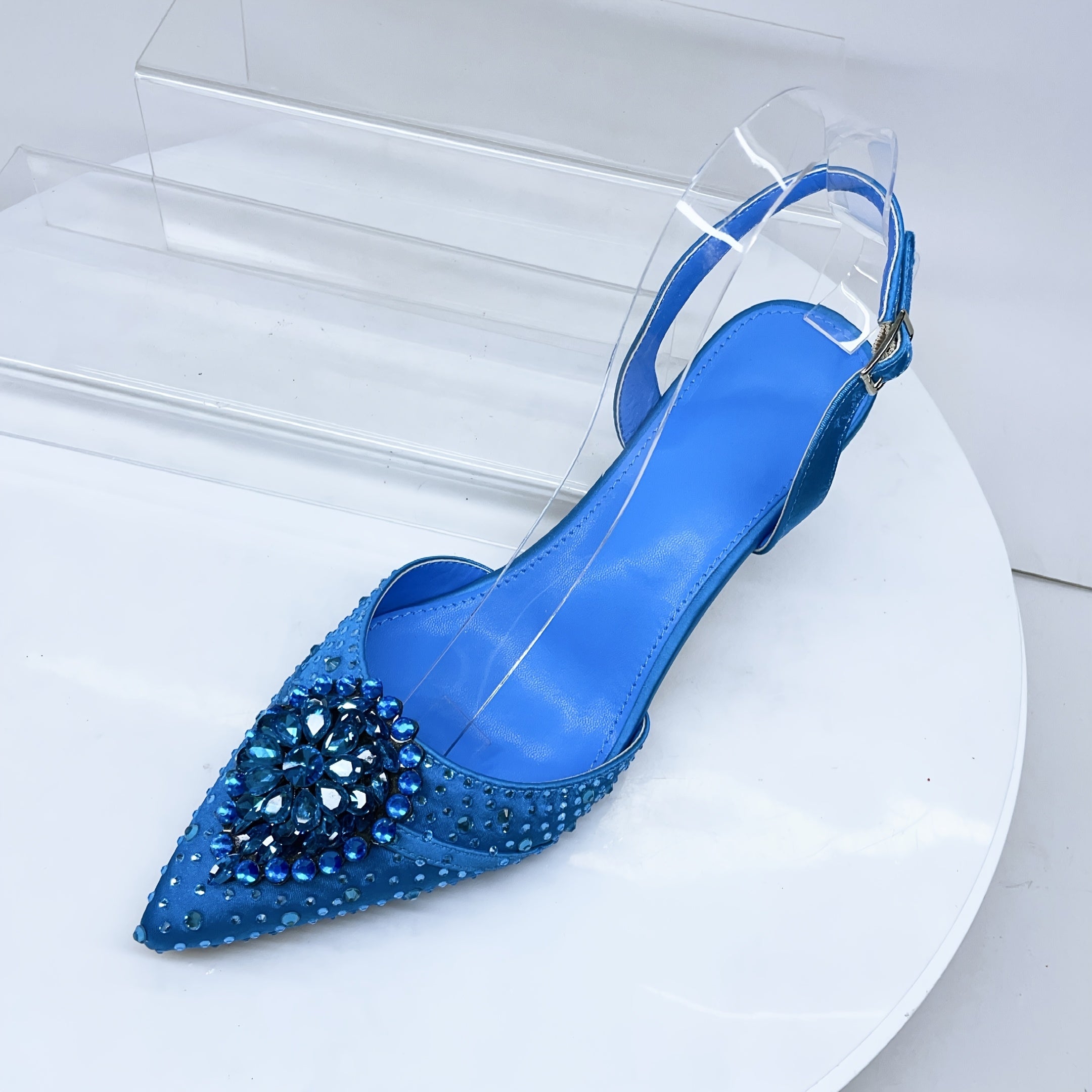 Women Purple Pointed Toe Flare Heel Shoes with Rhinestones for Weddings