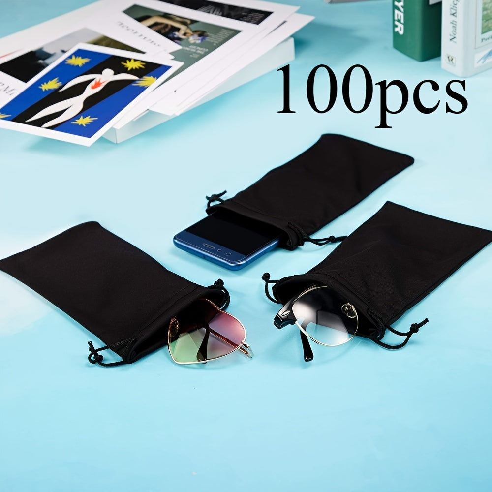 Pack of 100 Black Microfiber Glasses Pouches Soft Eyewear Cases with Drawstring