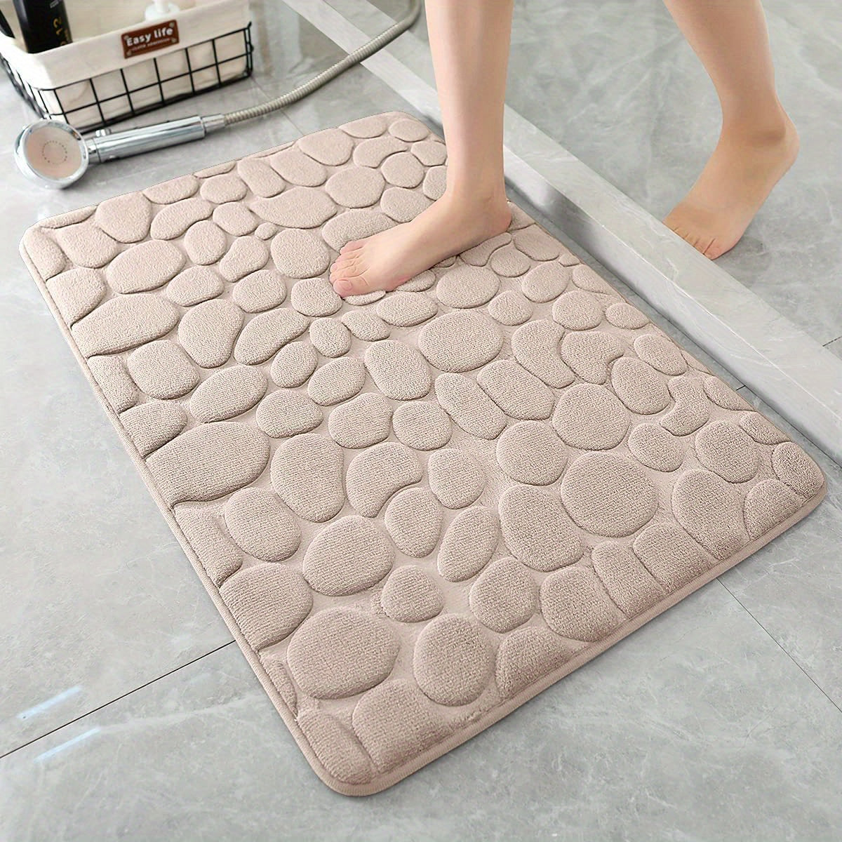 Alfombra de baño de espuma viscoelástica antideslizante, absorbente, suave, con relieve de piedra de río, lavable a máquina