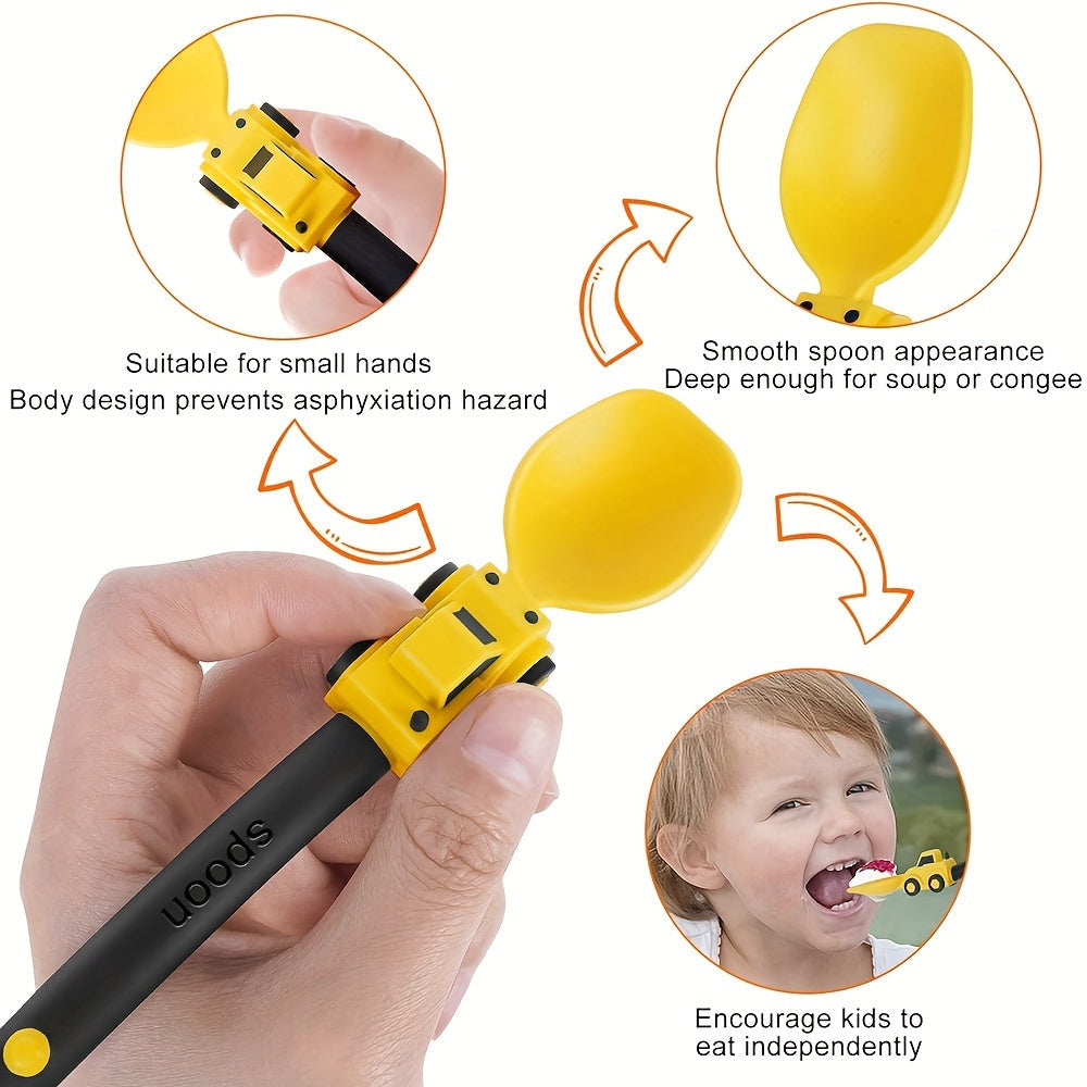 Kids' Cartoon Truck Fork and Spoon Set Non-Toxic Easy-Hold Feeding Utensils in Various Colors