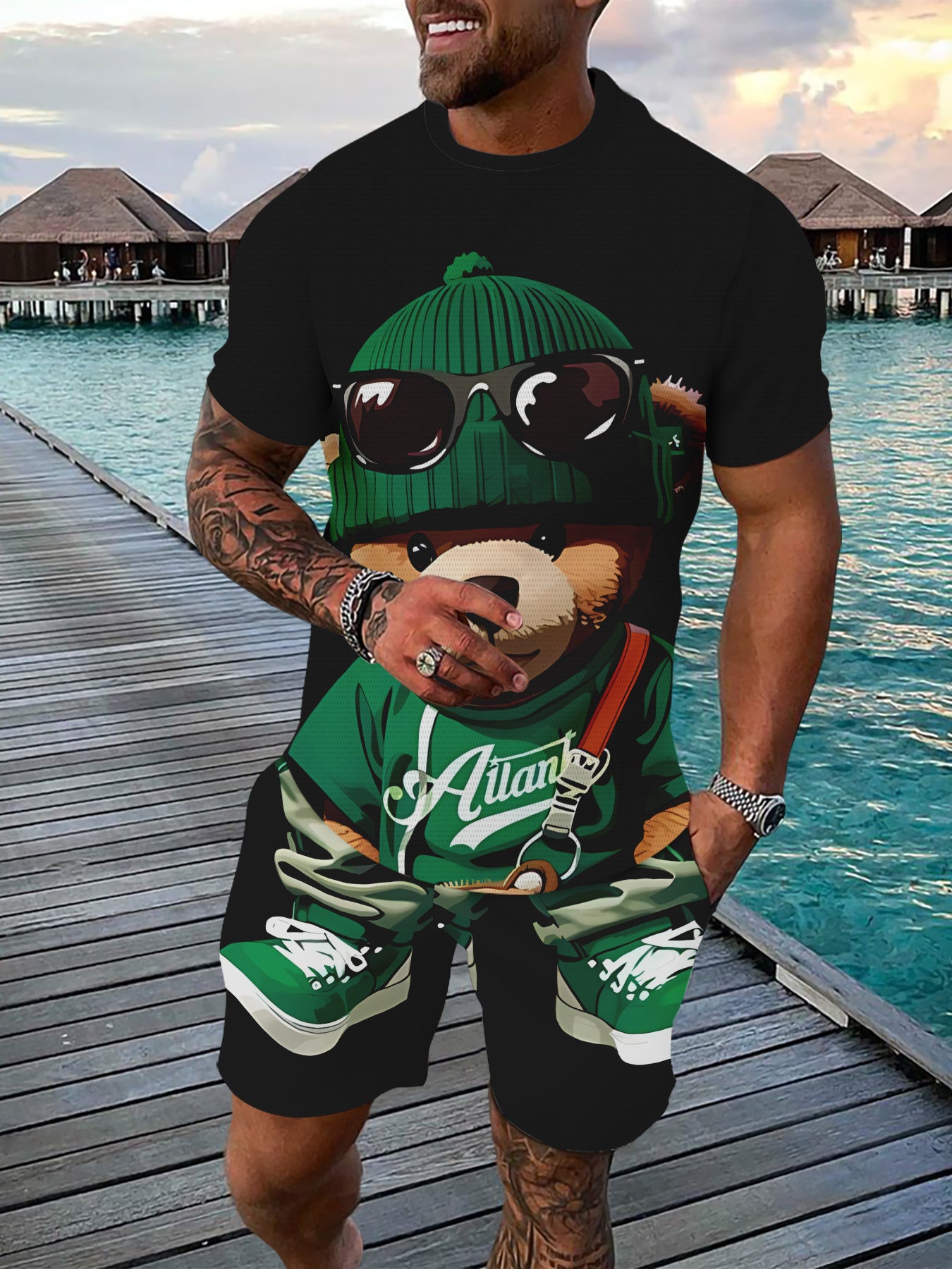 Men's Summer Breathable Casual T-Shirt and Shorts Set with 3D Printed Design