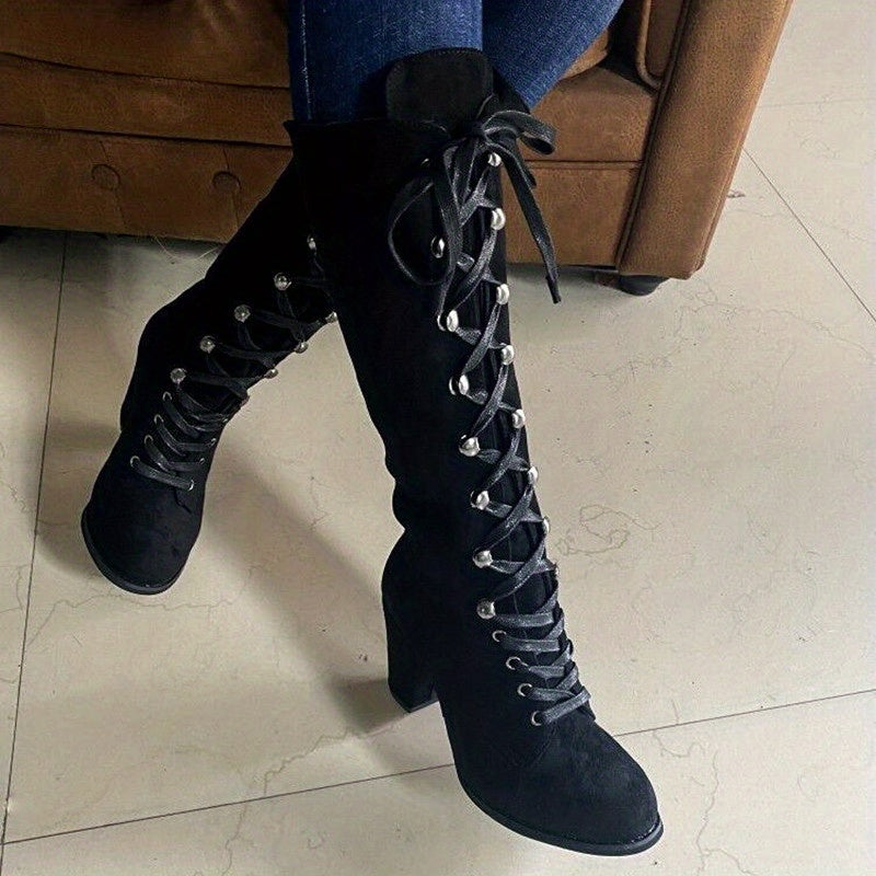 Women's Knee High Leather Boots Lace Up Chunky Heels Black Tall Shoes