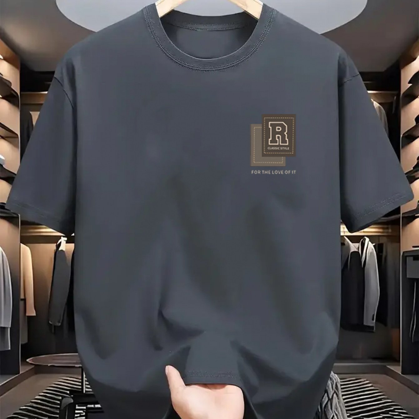 Men's Cotton Casual T-Shirt with R Print Crew Neck Short Sleeve All-Season