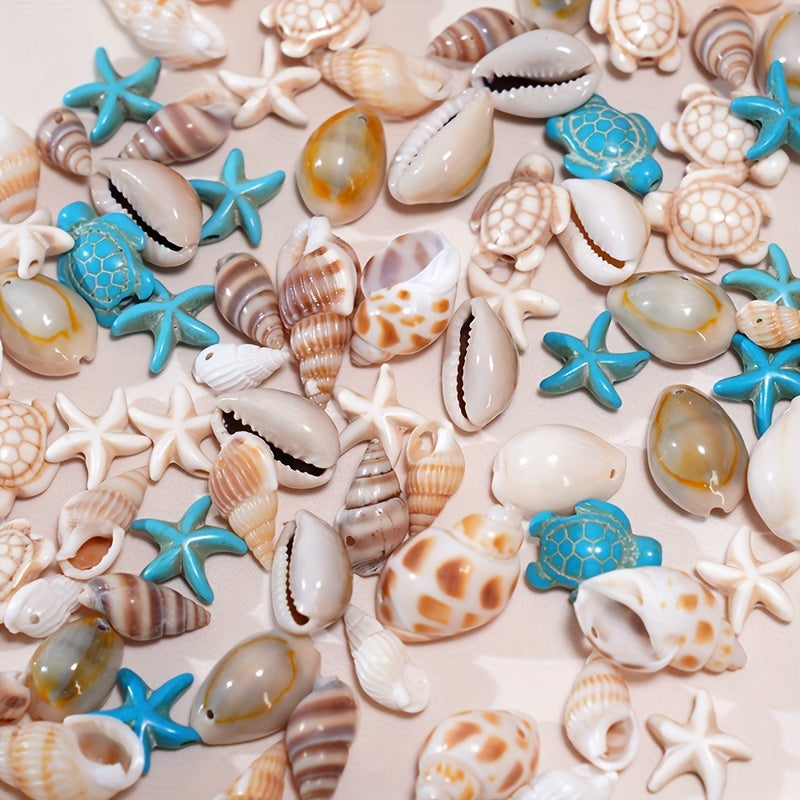 Set of 65 Natural Shell Charms for Jewelry Making Includes Shells Starfish Turtle and Hand-Drilled Holes