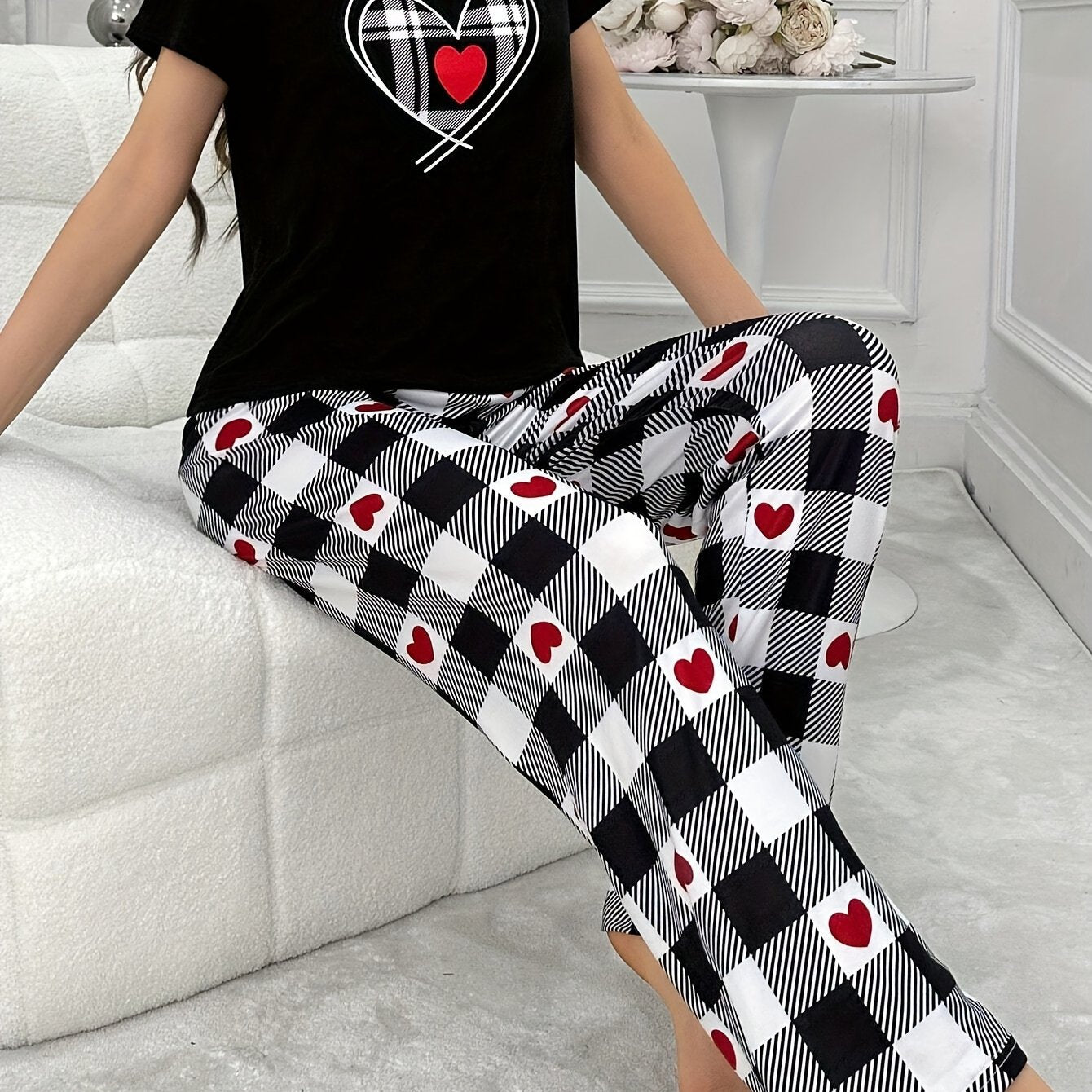 Women's Heart Plaid Pajama Set Short Sleeve Top and Pants Casual All-Season Polyester