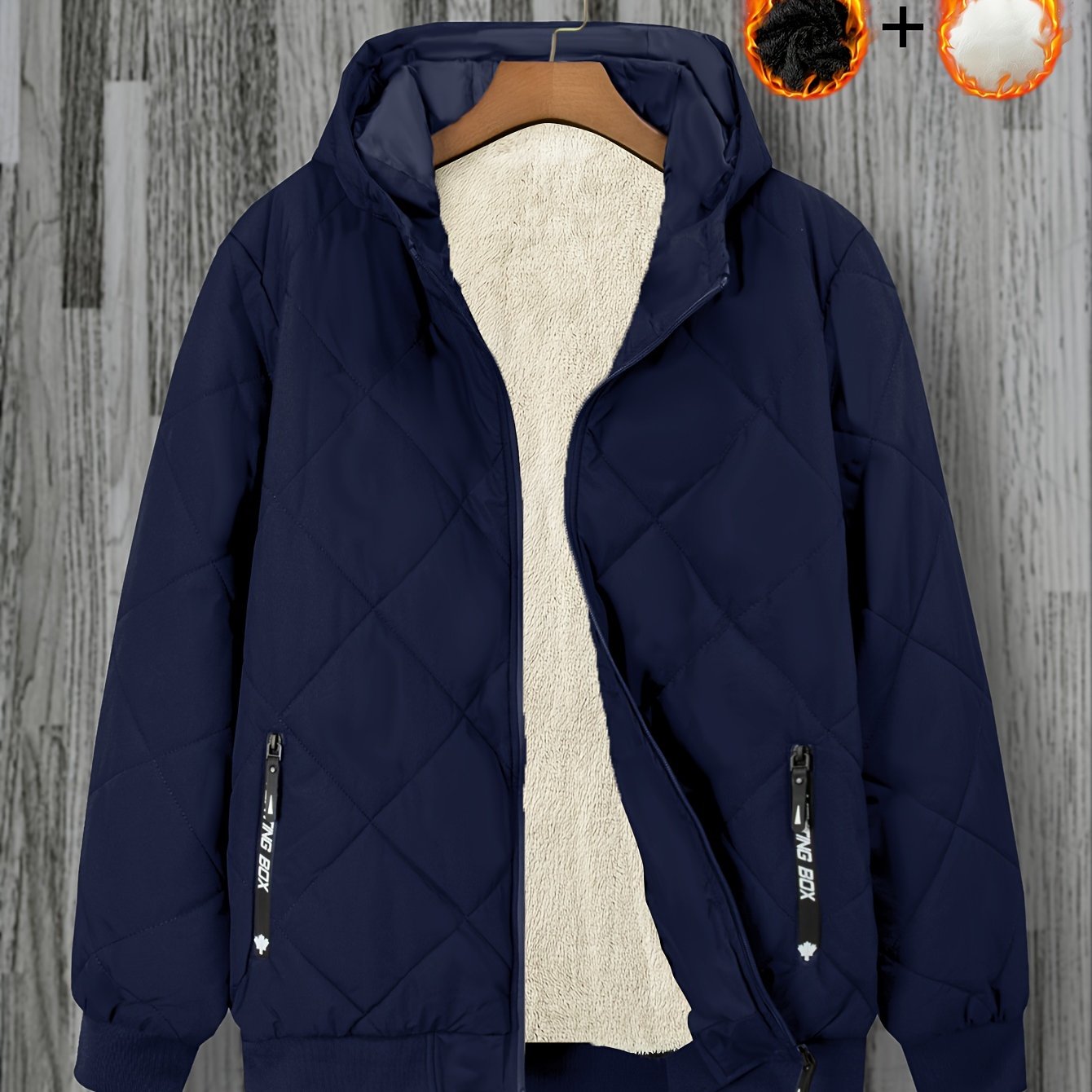 Men's Gray Quilted Hoodie Jacket with Zip Pockets Plus Size Fall Winter Polyester