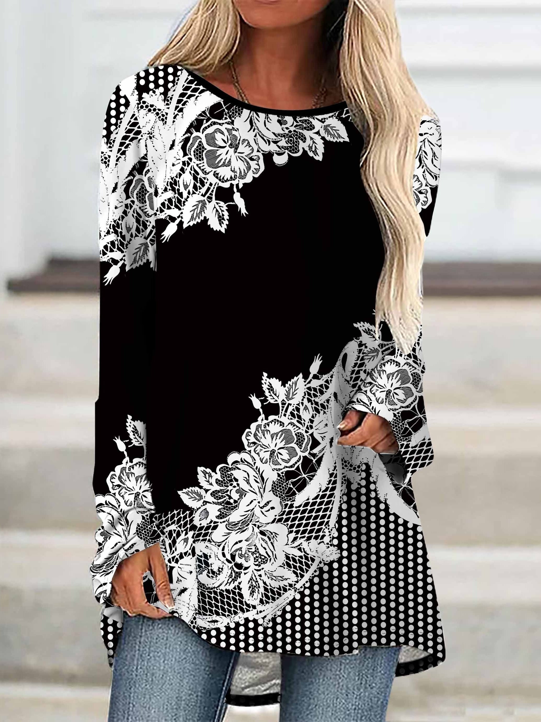 Women's Plus Size Floral Print Long Sleeve T-Shirt Crew Neck Stretchy Polyester for Spring Fall