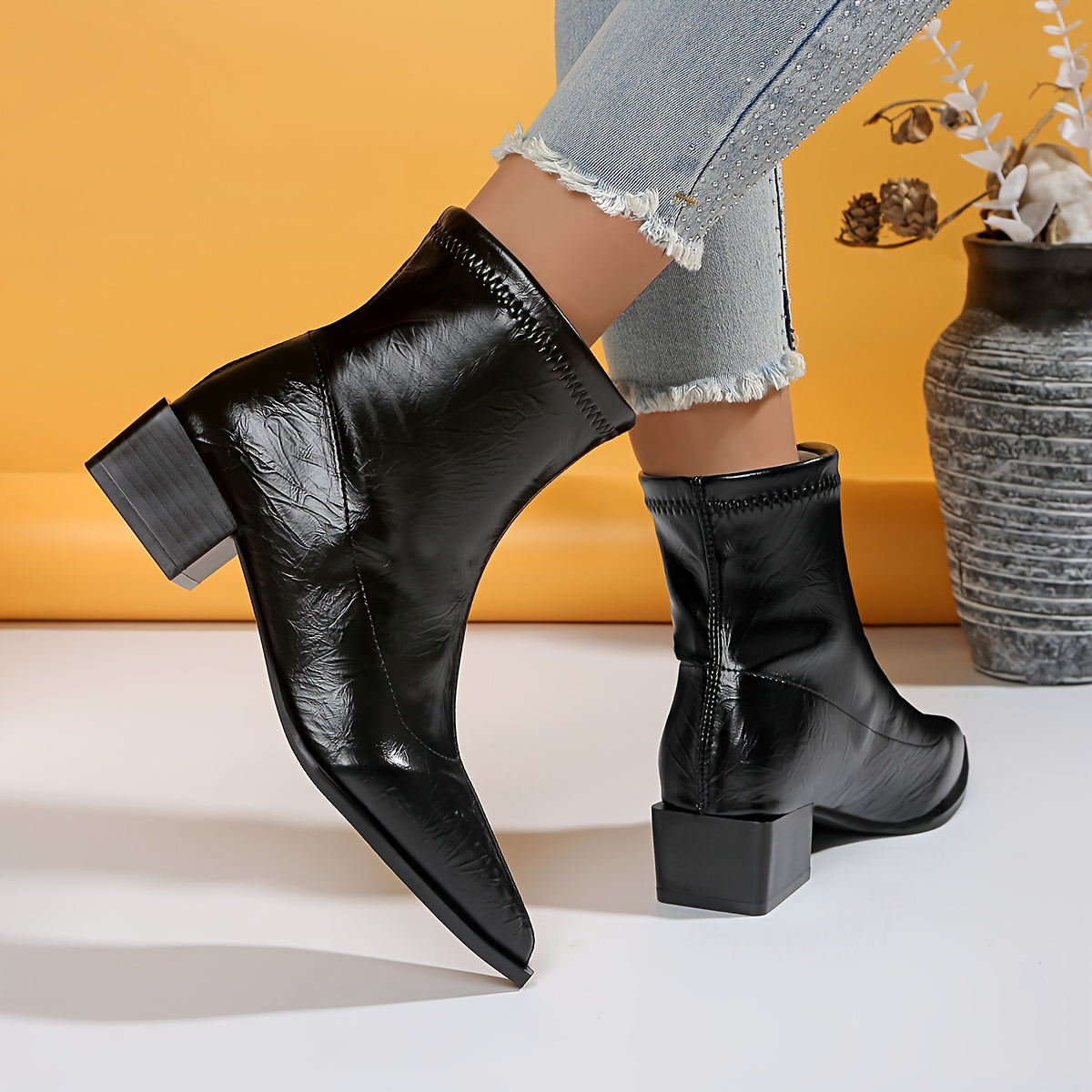 Women's Black Pointed Toe High Heel Boots Stylish Elegant