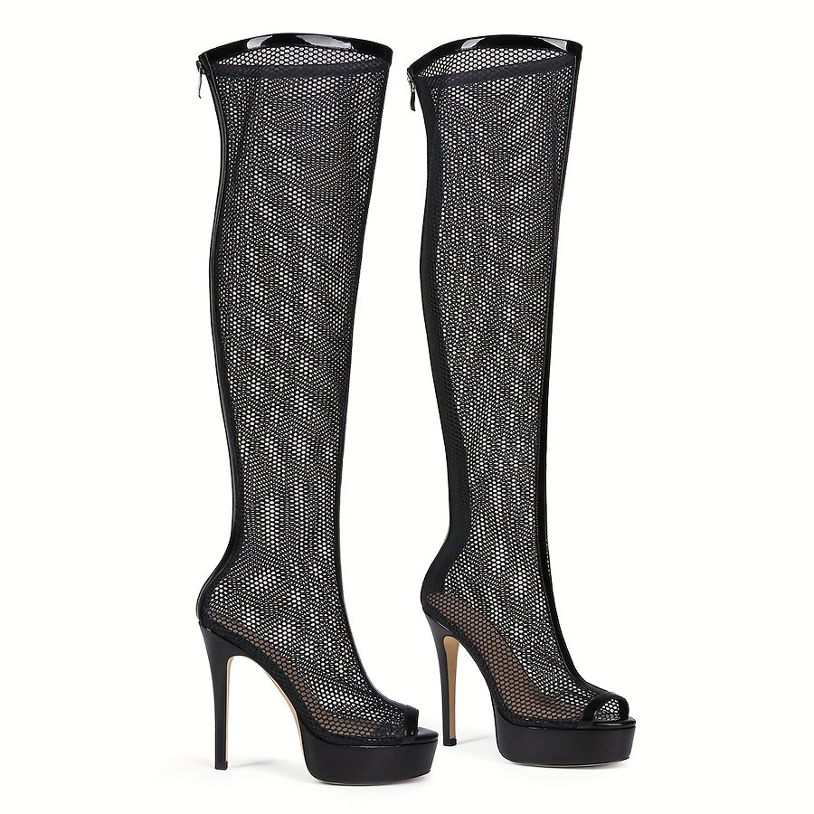 Women's Black Over-the-Knee High Heels Open Toe Zipper Cut-Out Boot