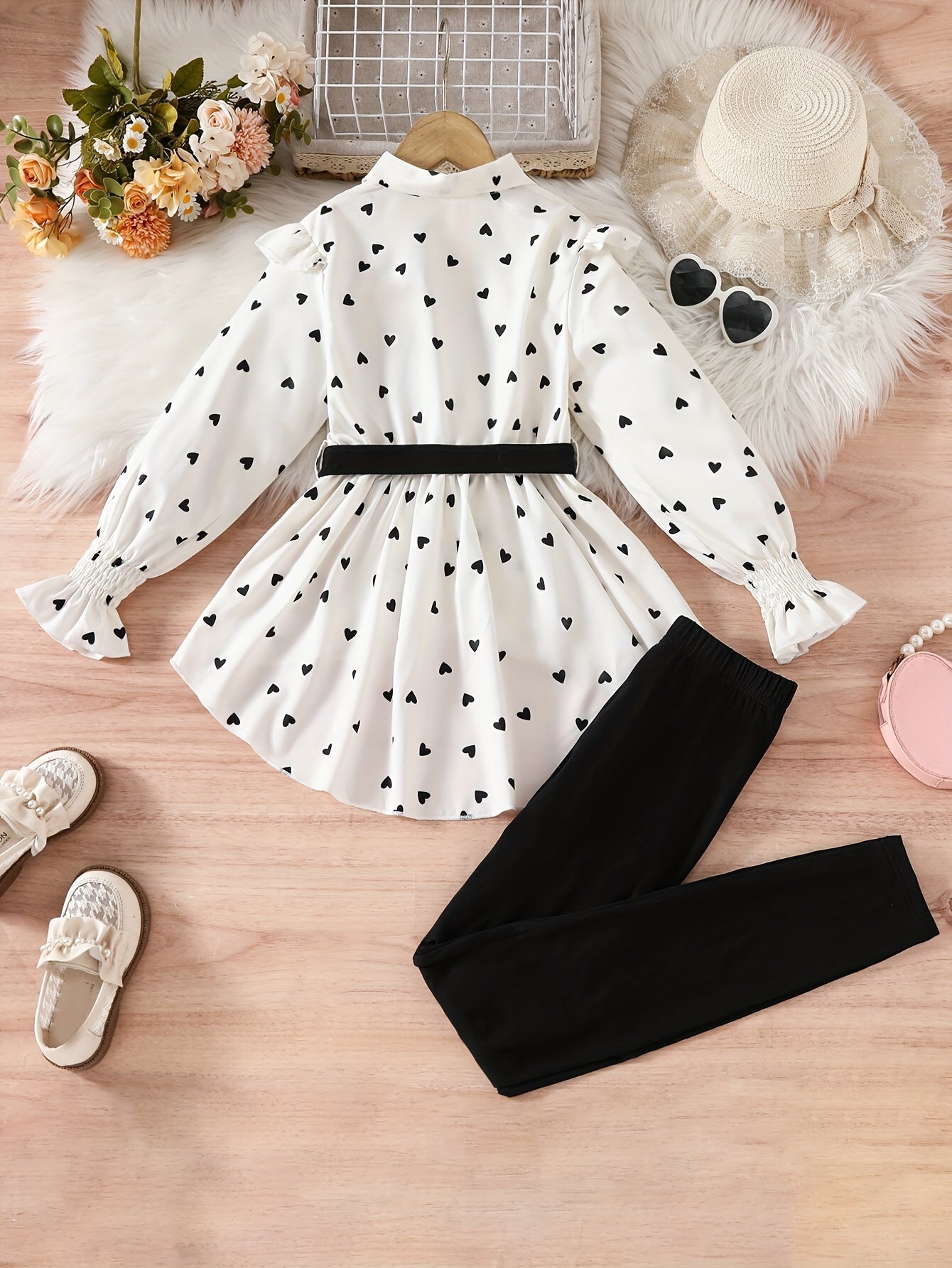 Girls' 2-Piece Set Heart Print Top and Solid Pants Spring Fall Machine Washable Outdoor