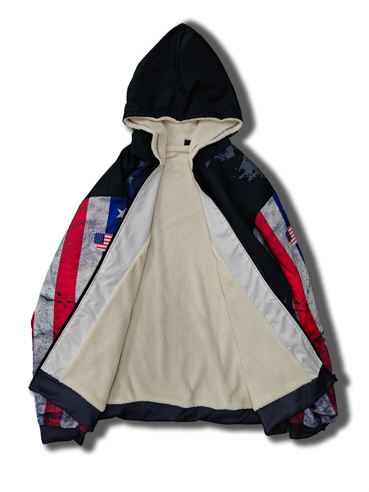 Erkaklar uchun Amerika bayrog'i va Ozodlik haykali printi bilan bezatilgan kapüşonli patriotik kurtka, katta va baland o'lchovlar, shamol to'suvchi uslub, polyester bilan astarlangan, tasodifiy, qo'l bilan yuvish yoki quruq tozalash, plus o'lchov.