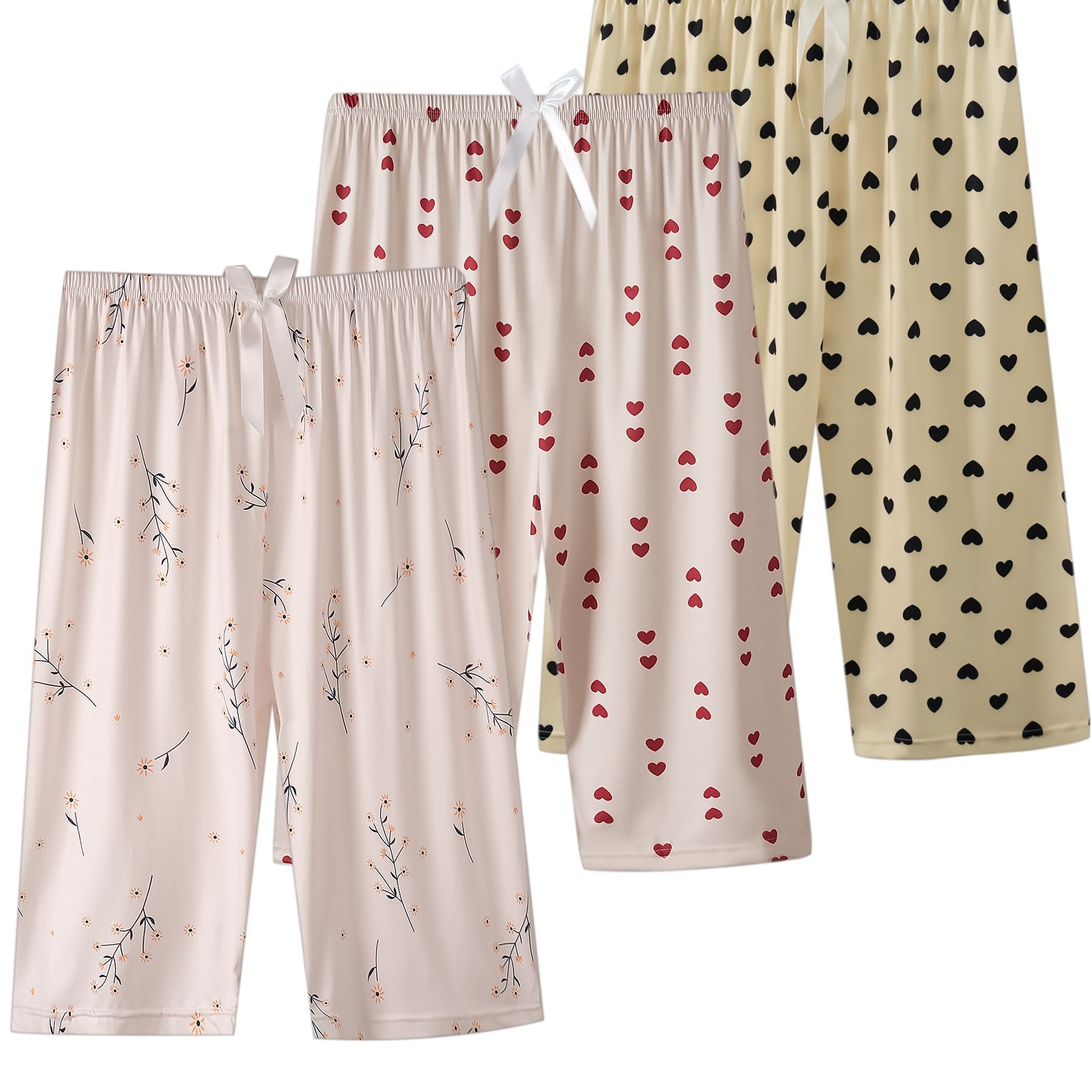 Women's Plus Size Heart Print Lounge Capri Pants Elastic Waist Pajama Bottoms