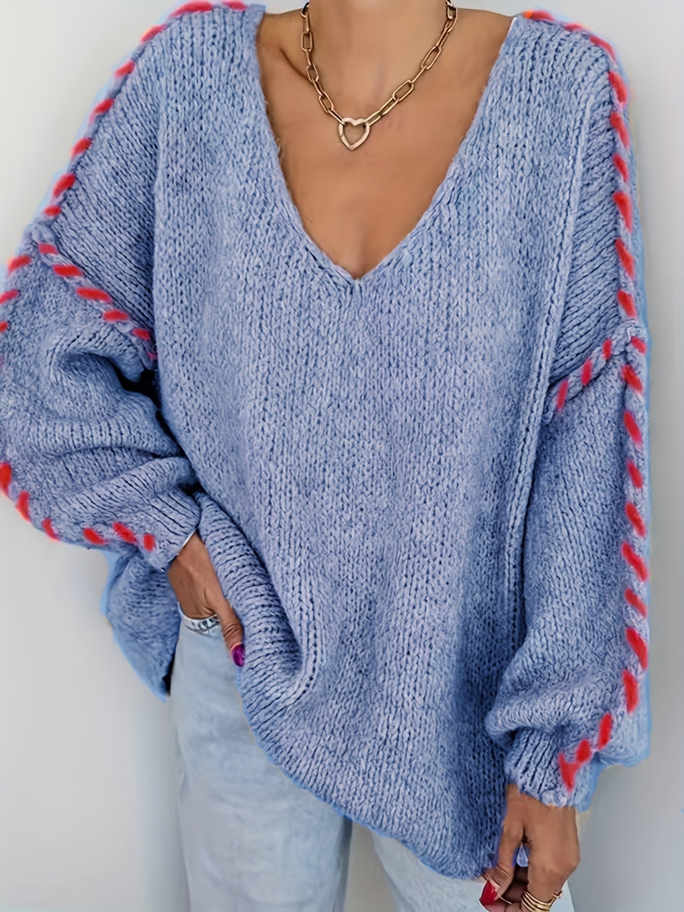 Plus Size Women V-Neck Long Sleeve Pullover Sweater Soft Blue Red Cuffs