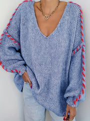 Plus Size Women V-Neck Long Sleeve Pullover Sweater Soft Blue Red Cuffs