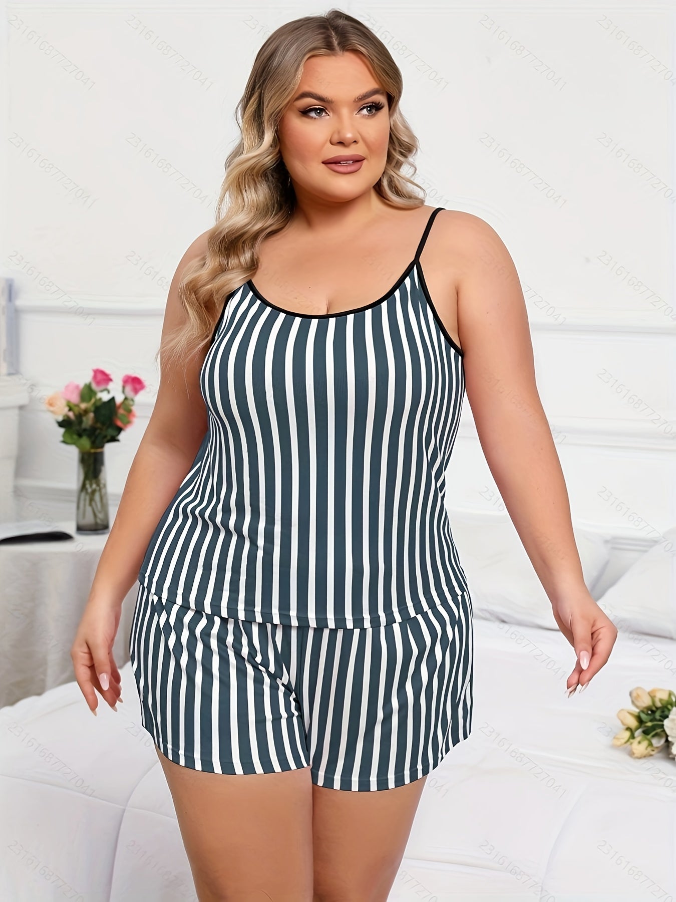 Plus Size Women's Striped Color Block Camisole Shorts Pajama Set