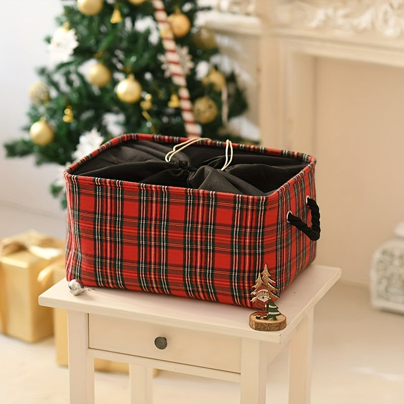 Большая рождественская корзина с клетчатым узором, пустая и складная для удобного хранения; идеально подходит для праздничного декора и рождественского оформления.