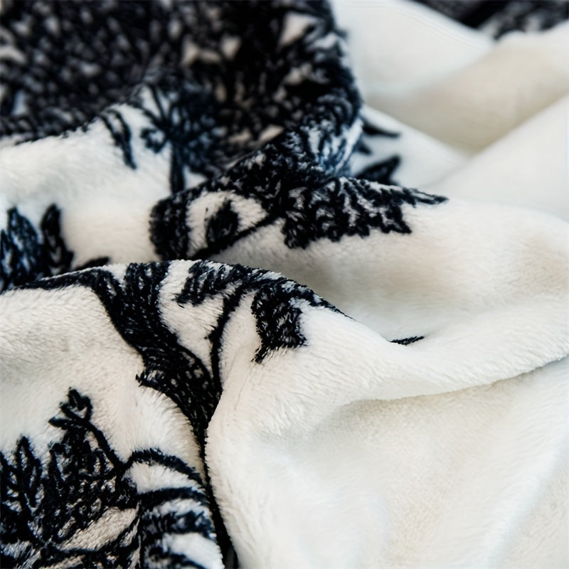 Black and White Floral Flannel Throw Blanket with Lace Embellishments All-Season Hypoallergenic Machine Washable