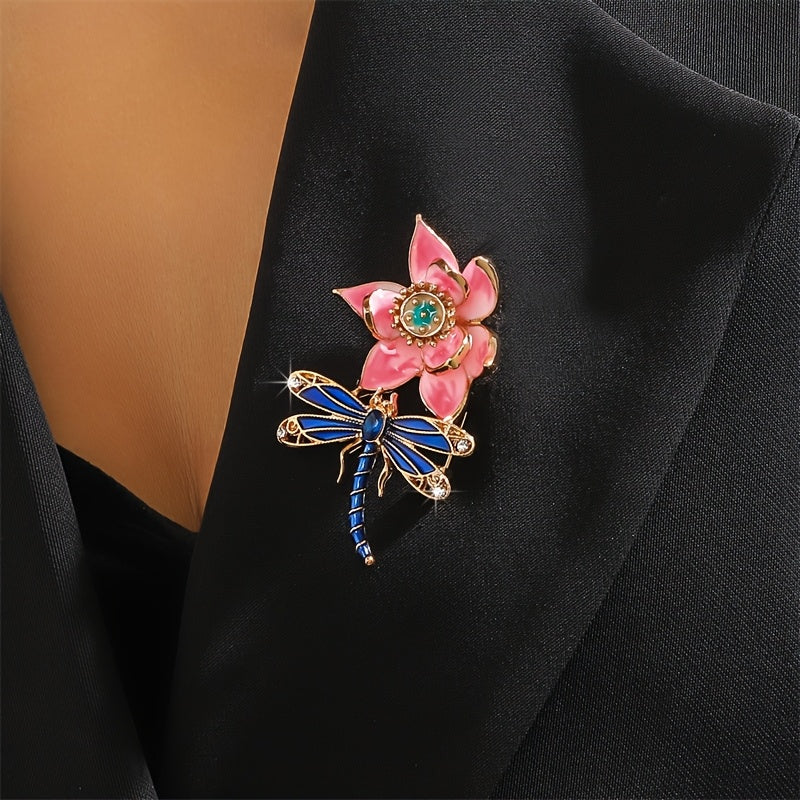 Enamel Lotus Flower and Dragonfly Brooch with Rhinestones Women Fashion Accessory