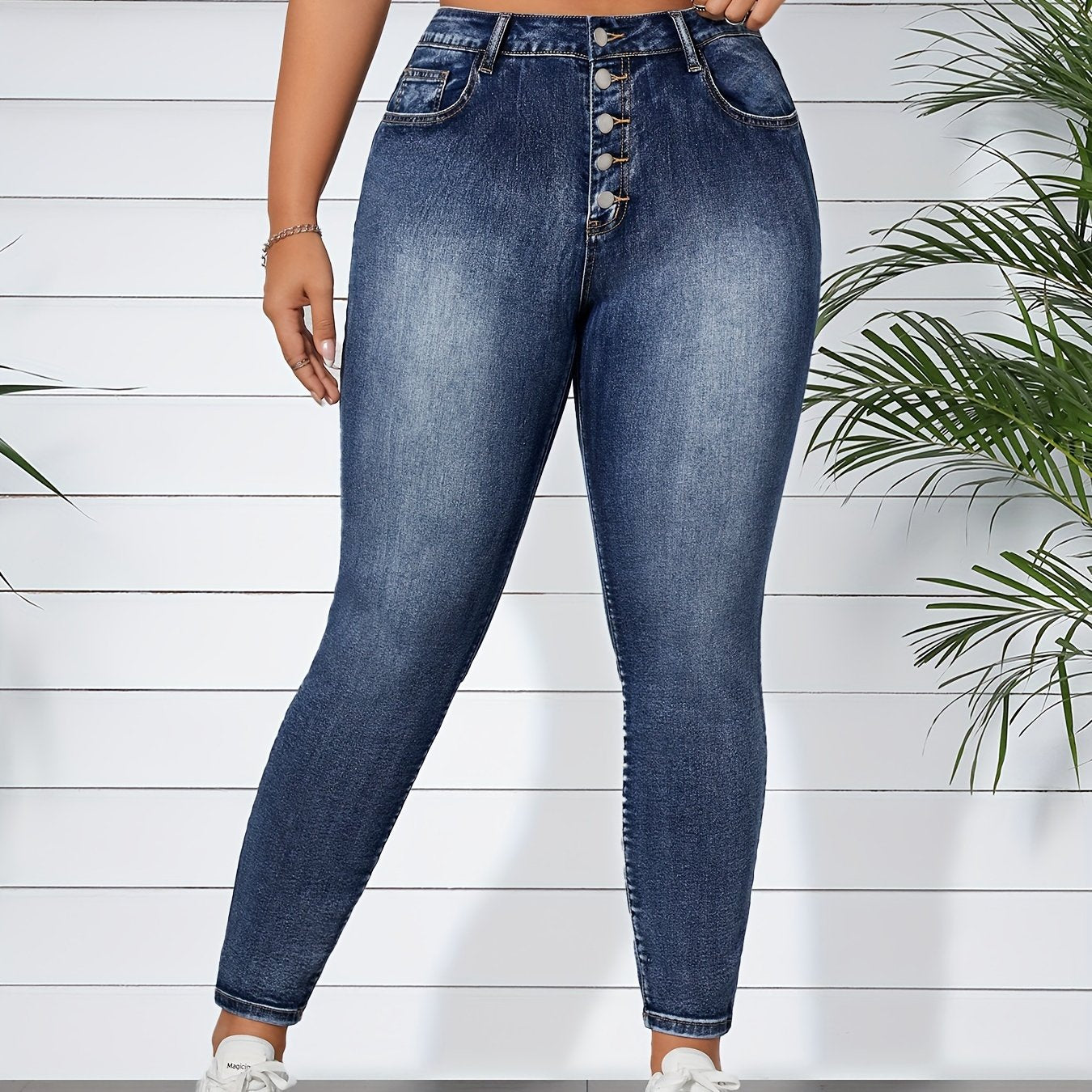 Women's High-Waisted Blue Denim Jeans with Button Fly Streetwear Style