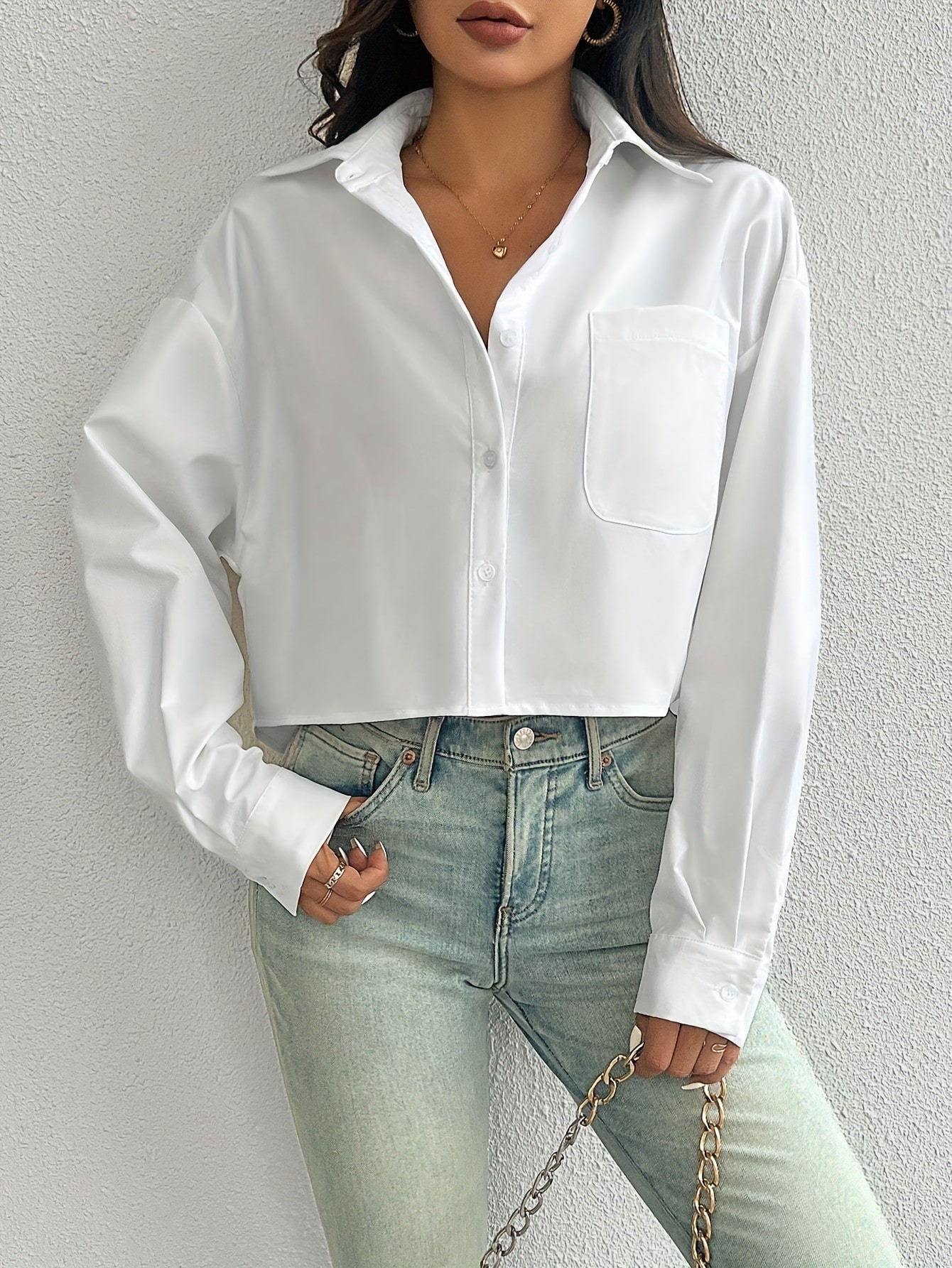 Women's White Casual Shirt Drop Shoulder Long Sleeve Short Style with Pocket Polyester