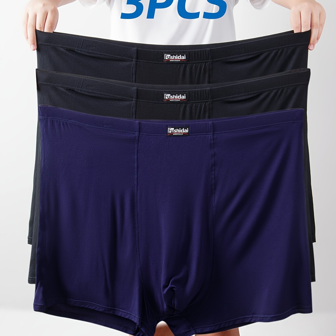 Men's Plus Size High-Waist Boxer Briefs Set 3 Pack Modal Spandex Dark Blue Gray Navy