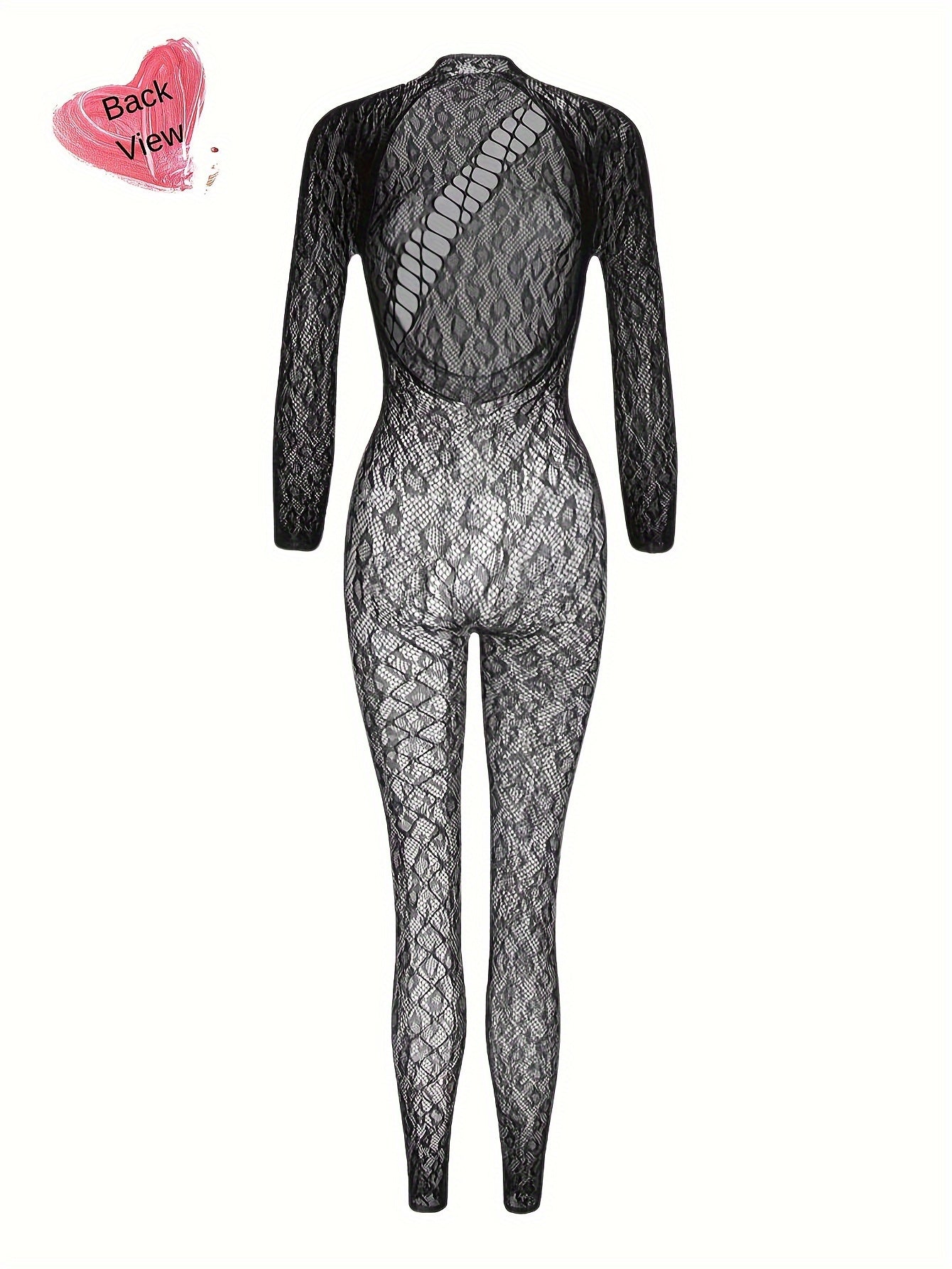 Women's Leopard Fishnet Bodystocking Long Sleeve Backless Lingerie