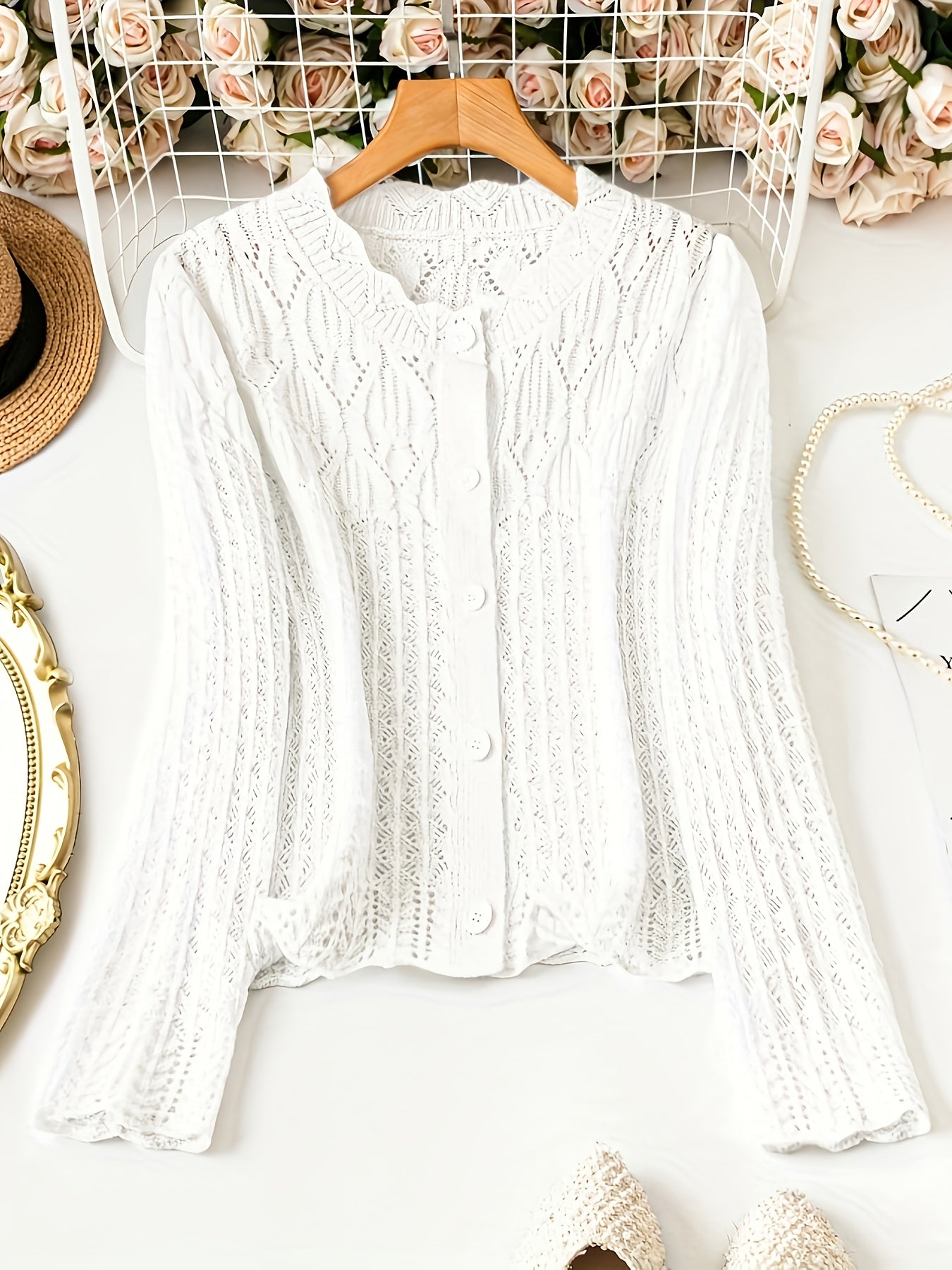 Plus Size Women's Solid Color Long Sleeve Cardigan Casual Hollow Style