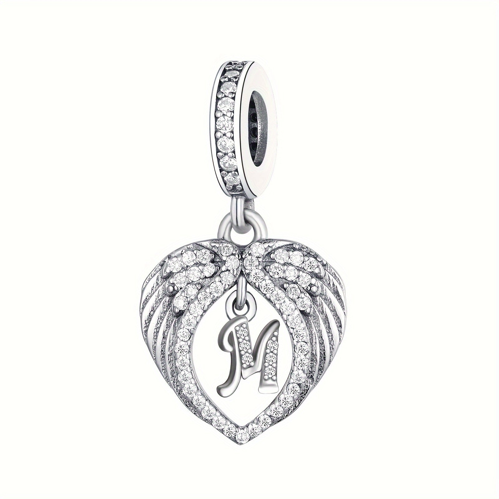 Sterling Silver Heart-Shaped Wing Pendant with Zircon Letter for DIY Jewelry