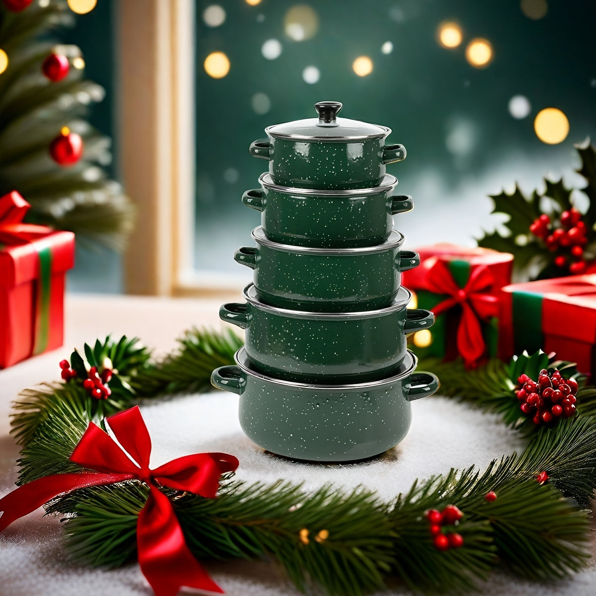 Набор из 5 эмалированных кухонных принадлежностей для Рождества - легкие, портативные и универсальные кастрюли для супов, рагу и многого другого - подходят для газовых и электрических плит - идеальны для домашних кухонь и ресторанов