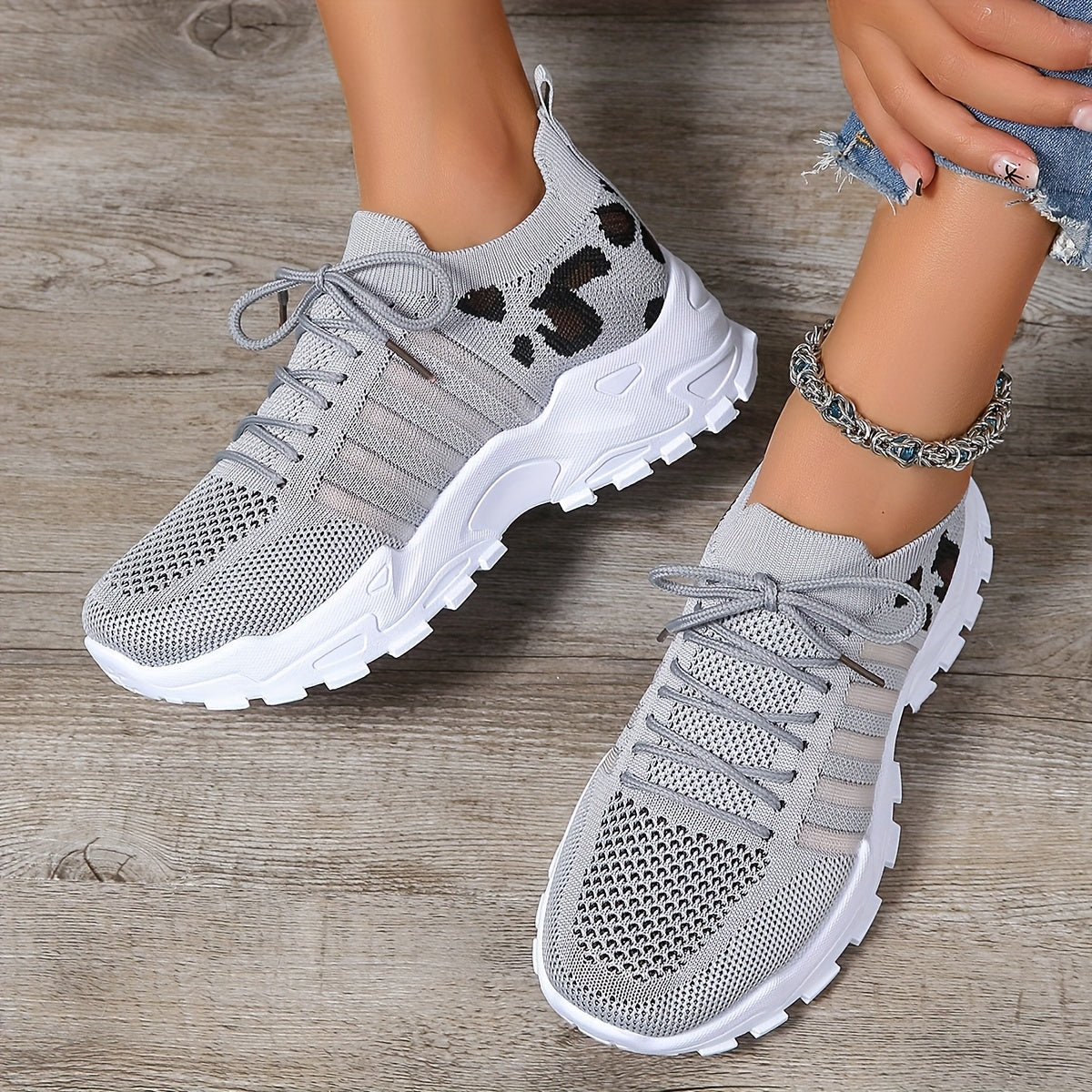 Zapatillas atléticas transpirables con estampado de leopardo para mujer, ideales para correr y hacer ejercicio