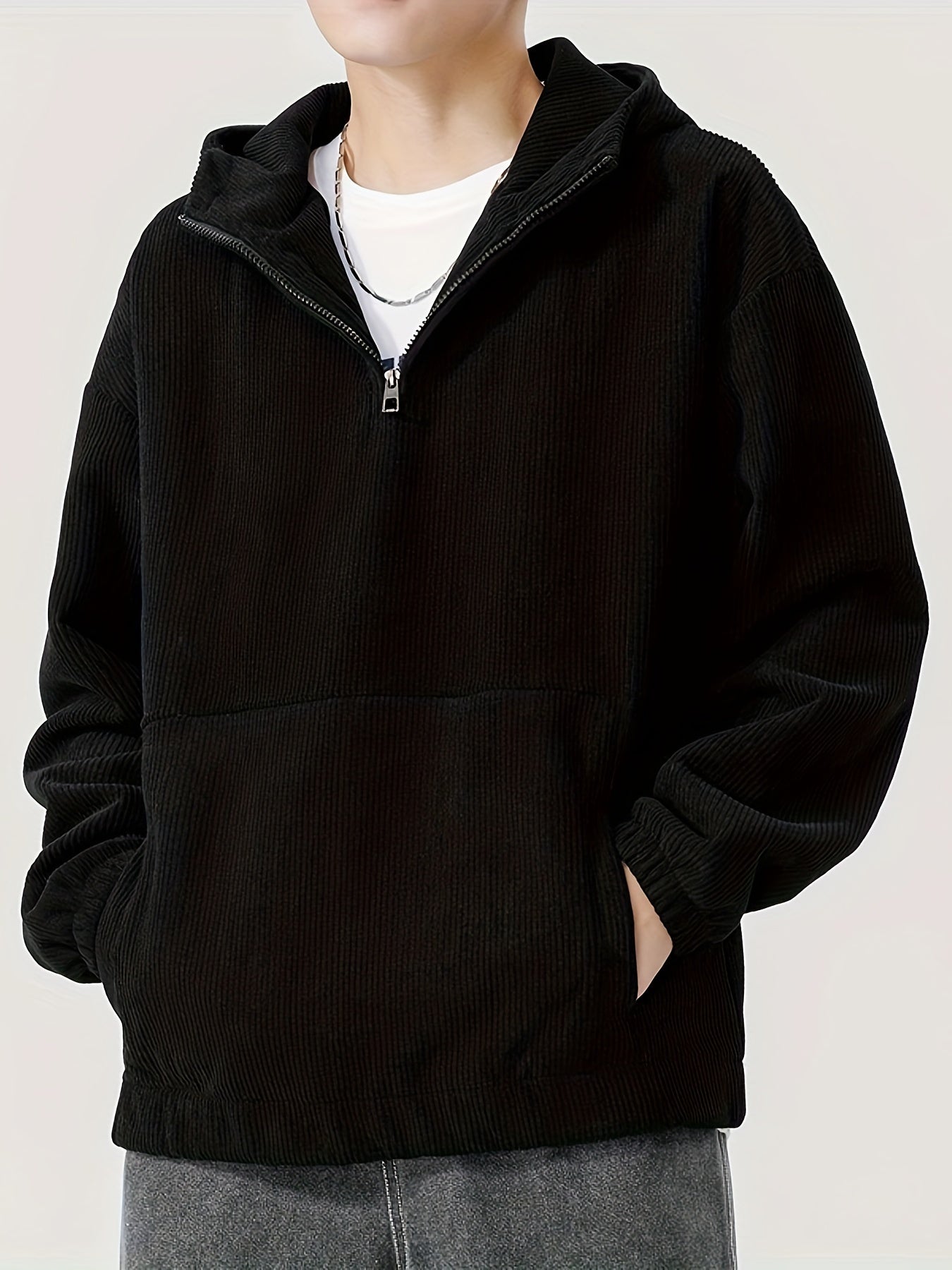 Men's Cozy Knit Zip-Up Hoodie with Drop Shoulder Sleeves for Casual Winter Wear