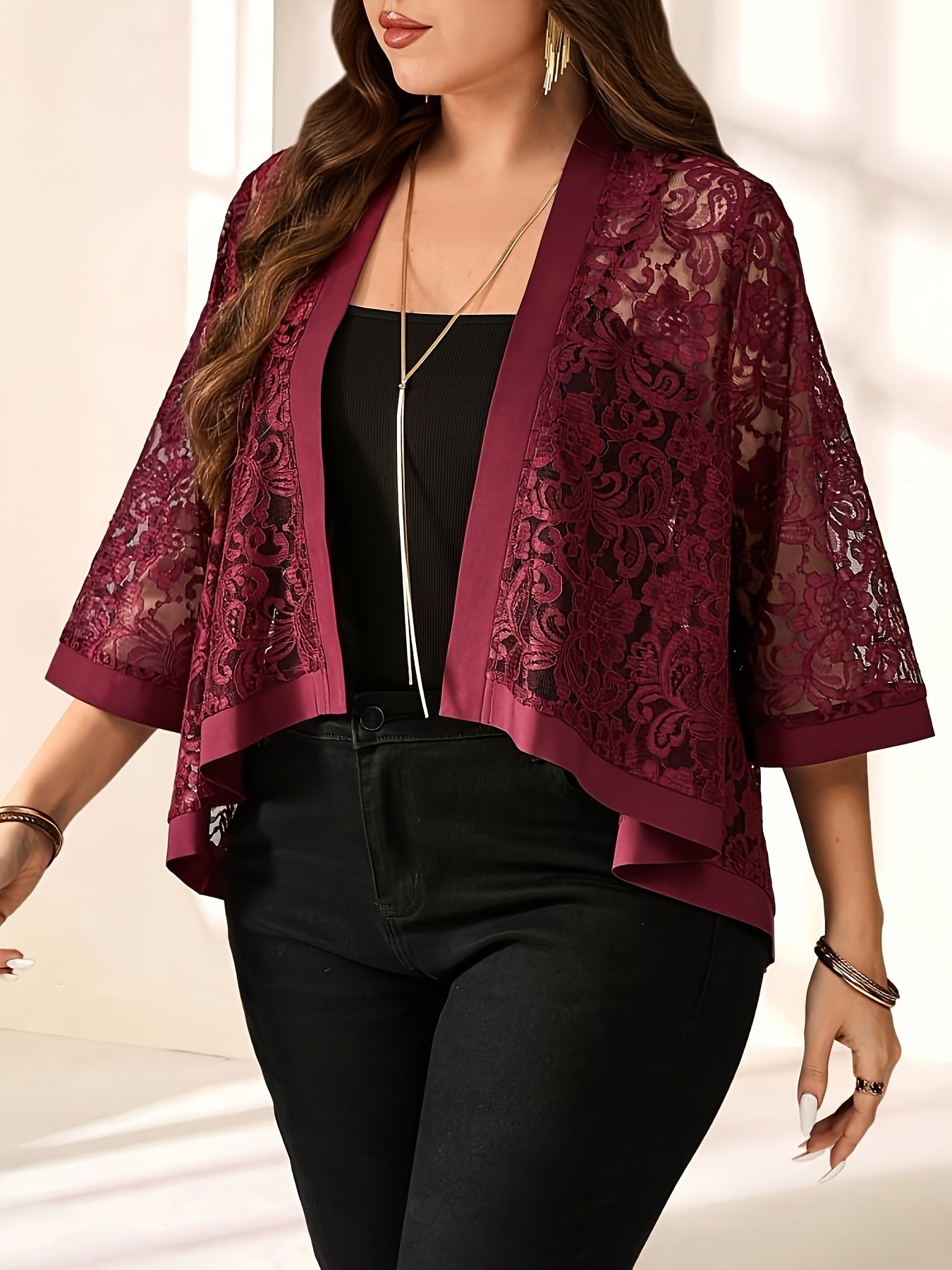Plus Size Lace Cardigan Lightweight Semi-Transparent Black Purple Floral