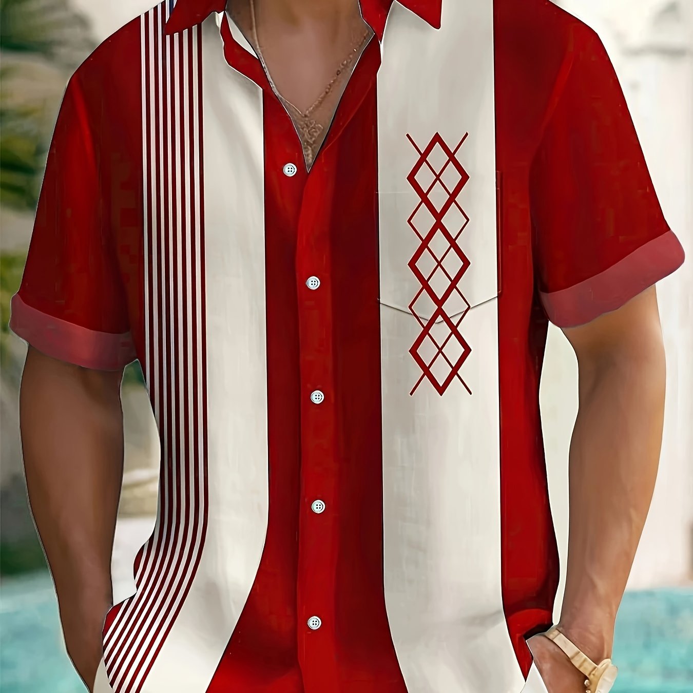 Мужская летняя рубашка с коротким рукавом из ткани с аргайл и полосками для полных мужчин