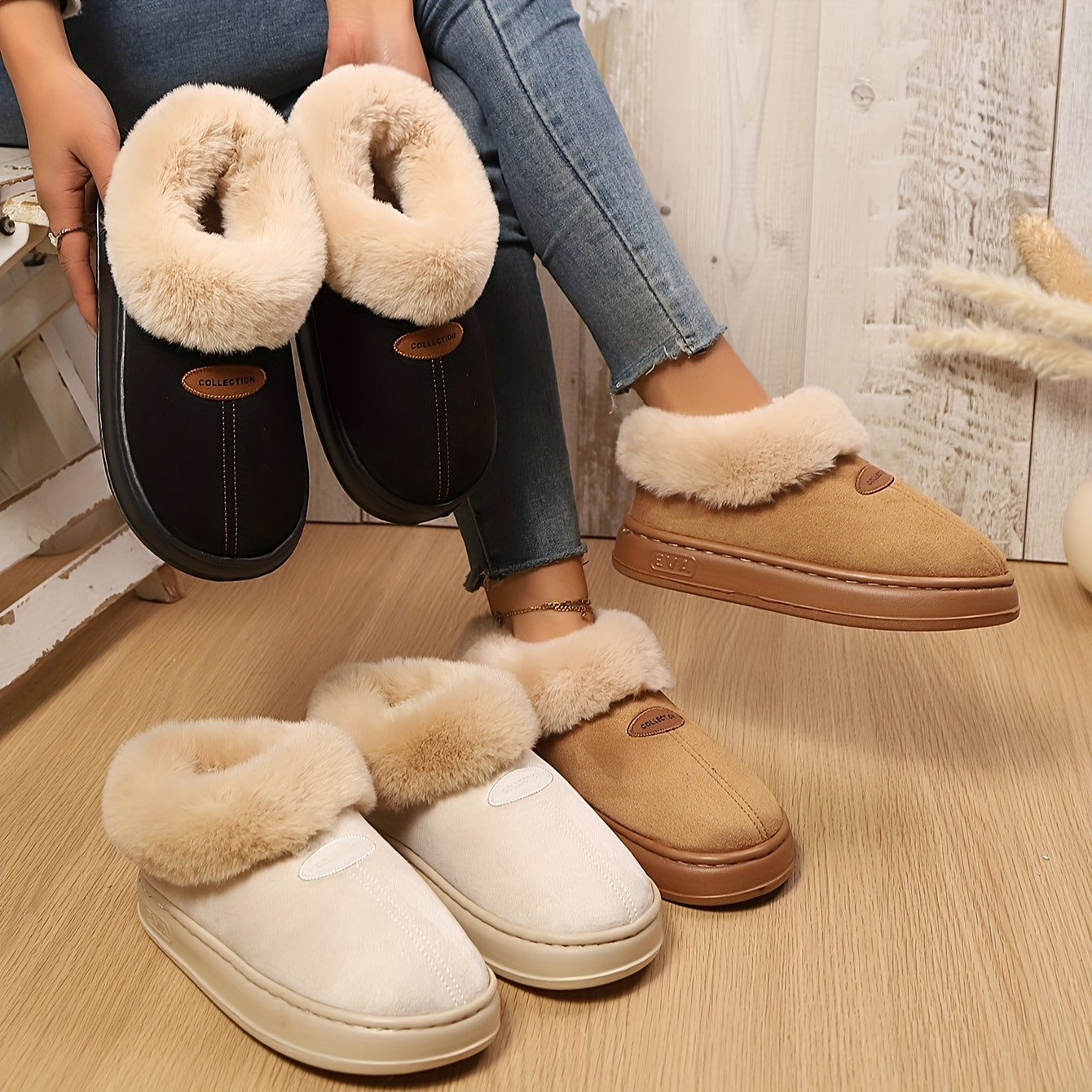 Women's Snow Boots Faux Fur Thick Sole Non-Slip Indoor Outdoor Slippers